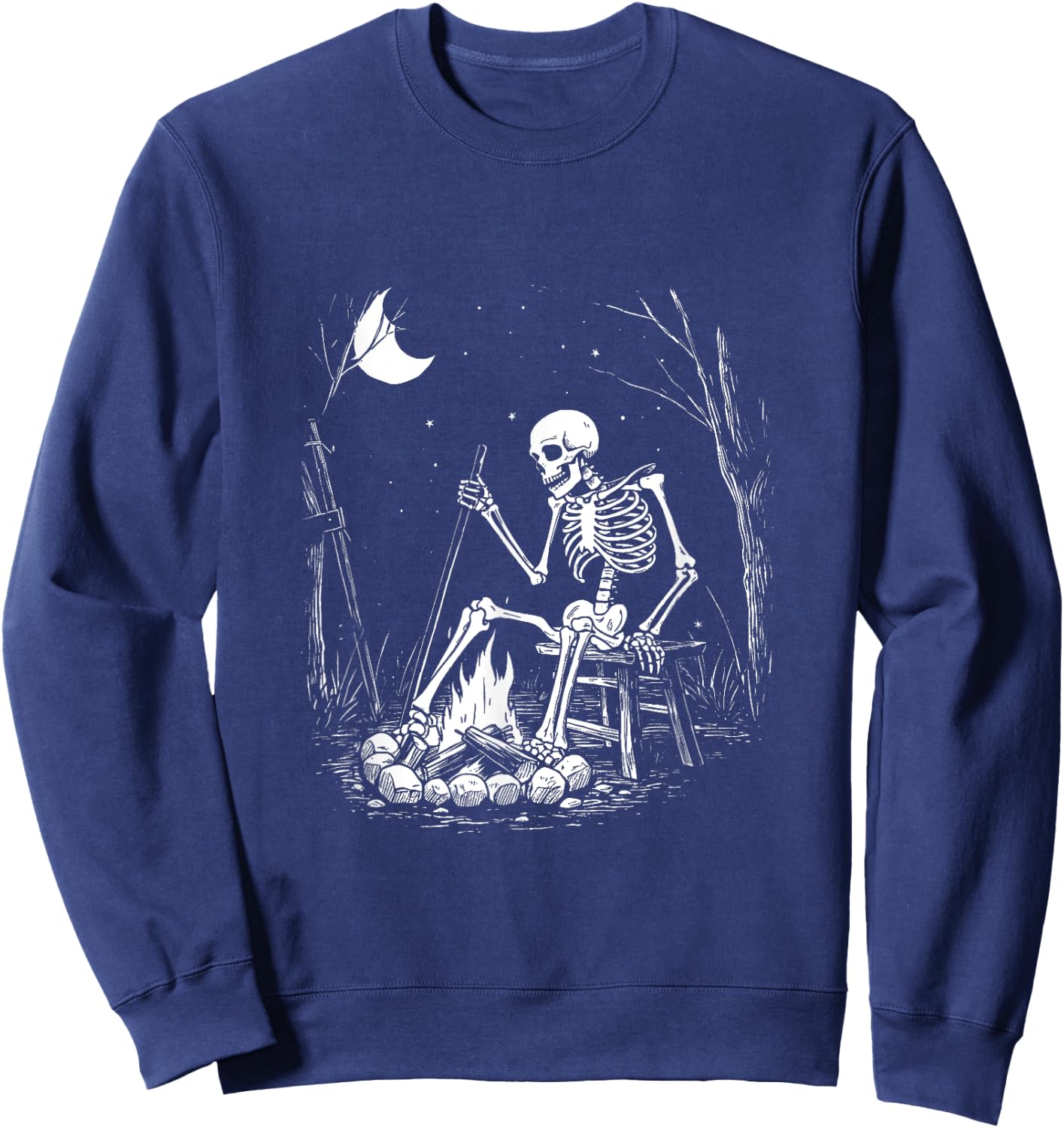 Camping Skeleton Bones Halloween Forest Campfire Graphic Sweatshirt - Sweatshirt | Navy