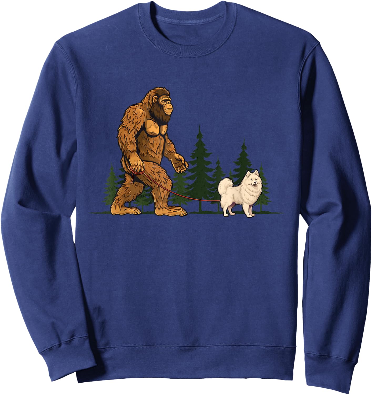 Funny American Eskimo Bigfoot Dog Walking Dog Mom Dad Kids Sweatshirt - Sweatshirt | Navy