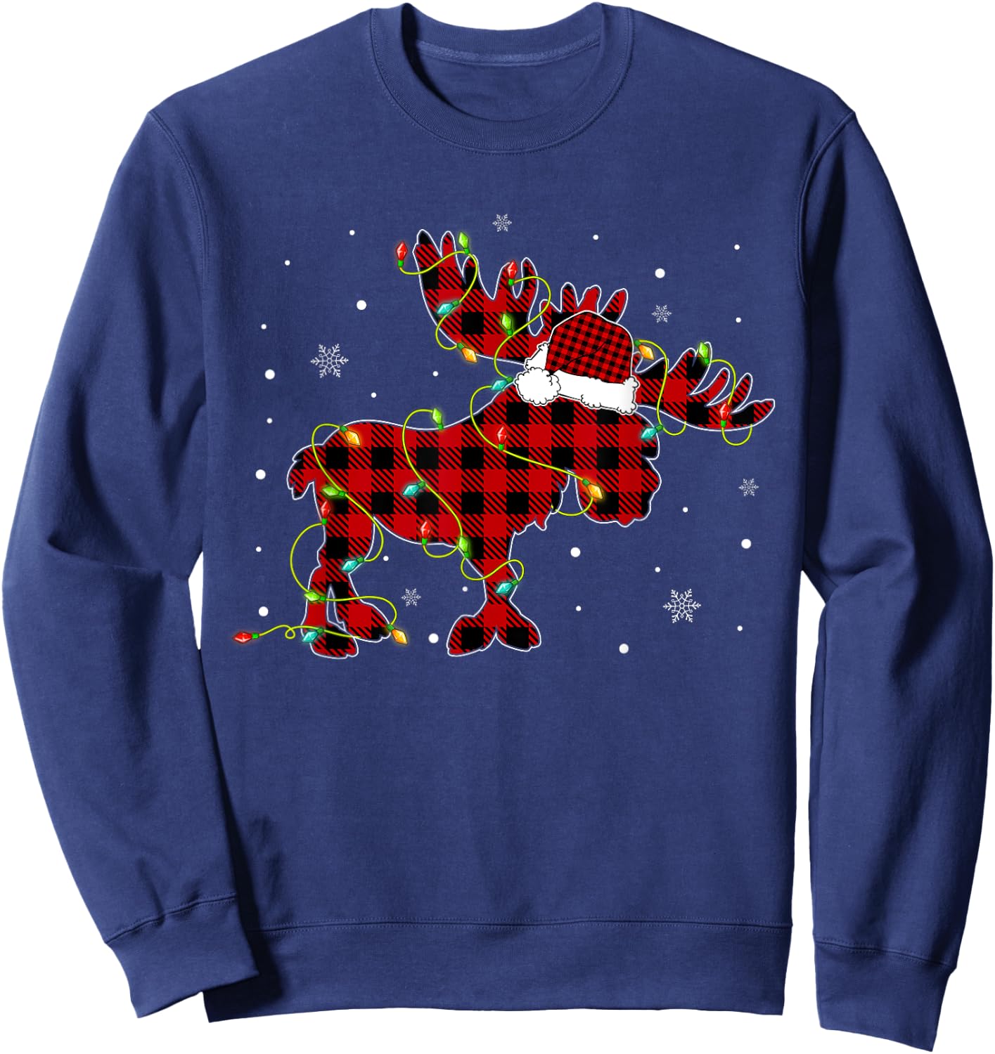 Red Buffalo Plaid Moose Santa Hat Christmas Tree Lights Xmas Sweatshirt - Sweatshirt | Navy