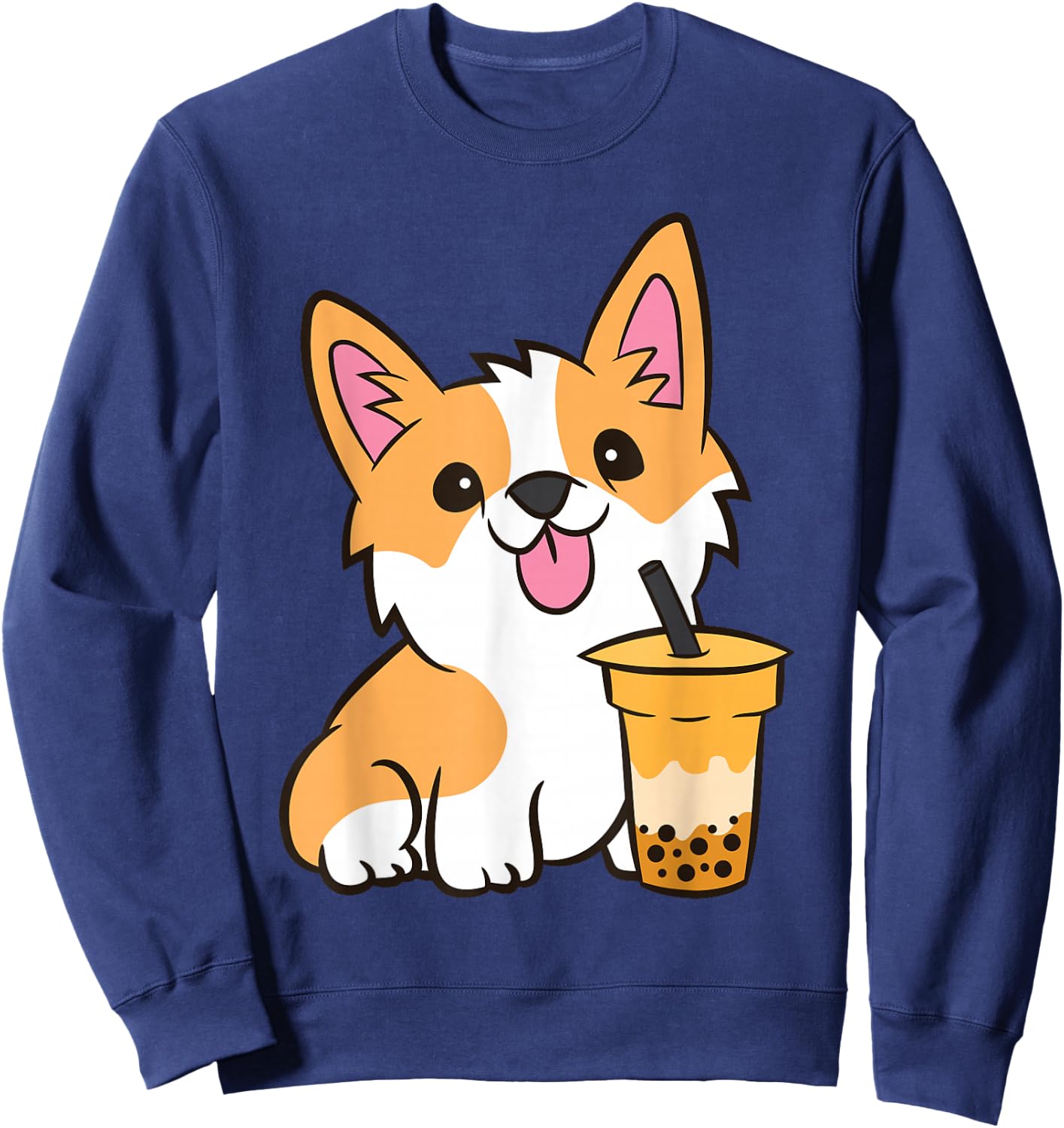Kawaii Corgi Dog Drinking Bubble Tea Boba Tea Corgi Puppy Sweatshirt - Sweatshirt | Navy