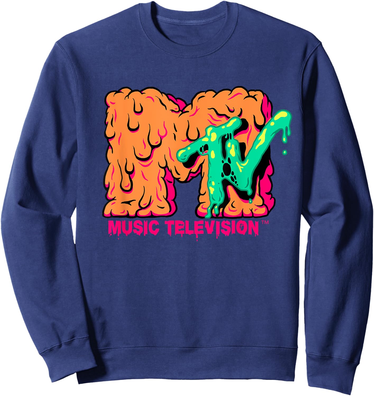 Mademark x MTV - MTV Logo Orange Slimy Goo Green Slime Melted MTV Sweatshirt - Sweatshirt | Navy