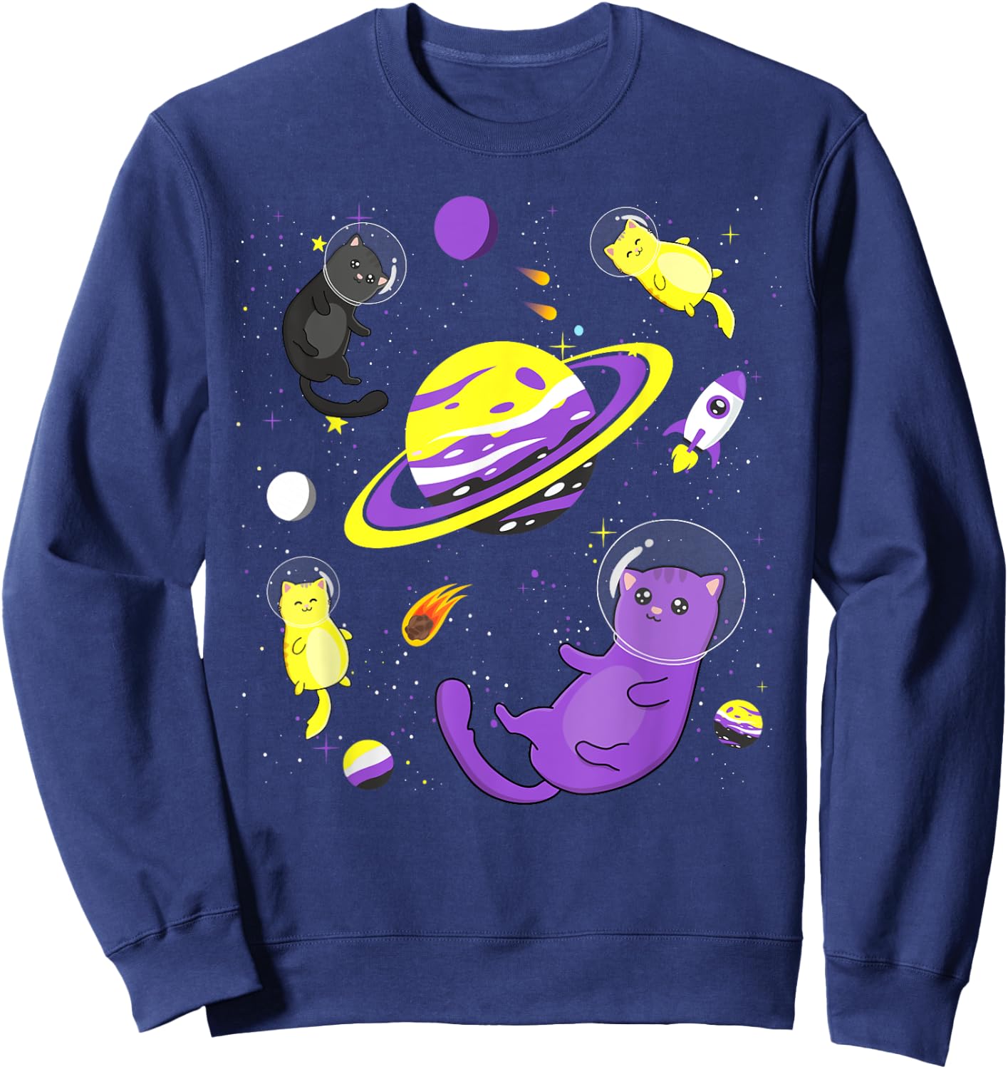 Funny Cat In Space Non-Binary Flag Agender Genderqueer Pride Women Sweatshirt - Sweatshirt | Navy