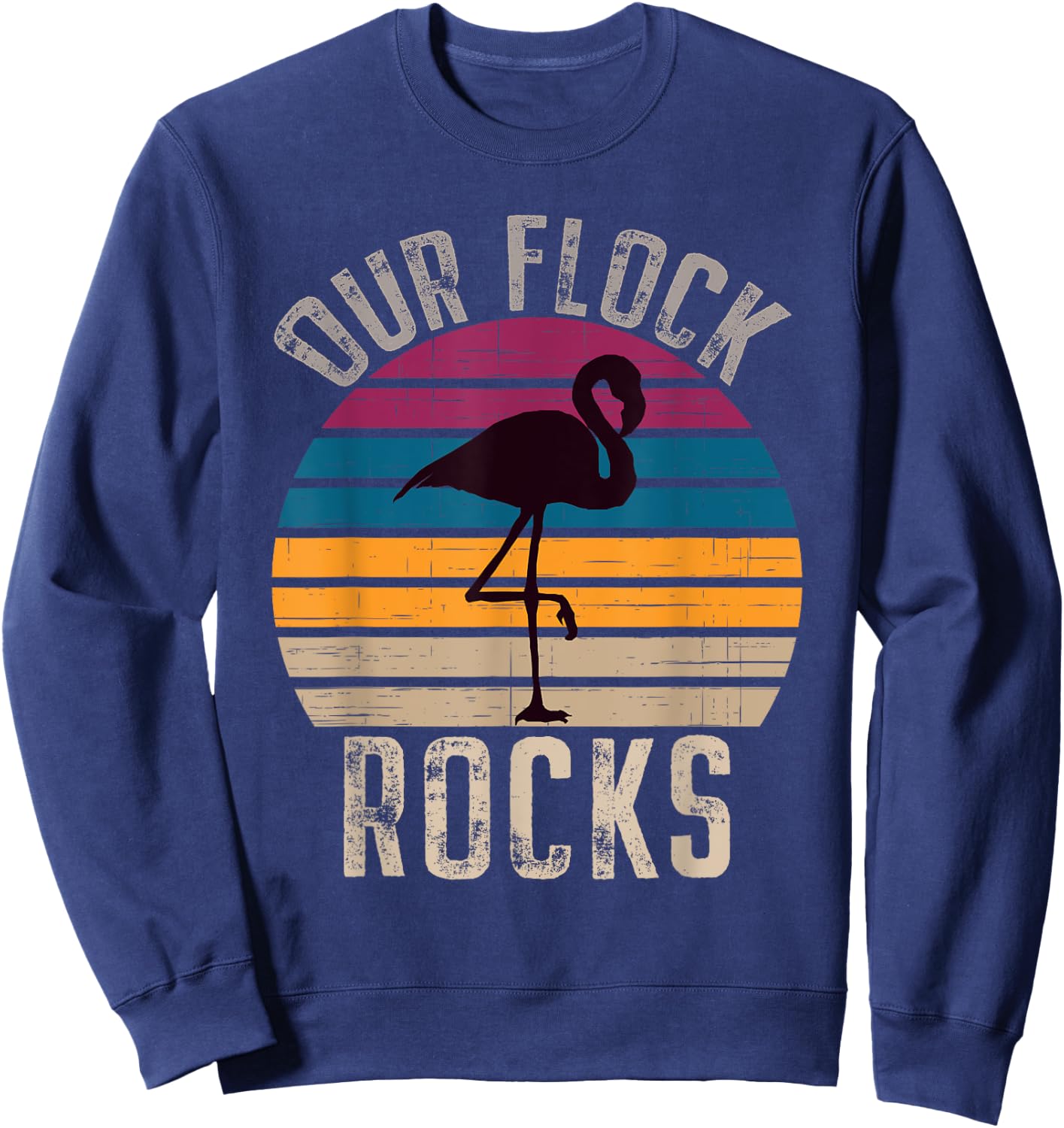 Our Flock Rocks Retro Vintage Flamingo Mothers Day Family Sweatshirt - Sweatshirt | Navy