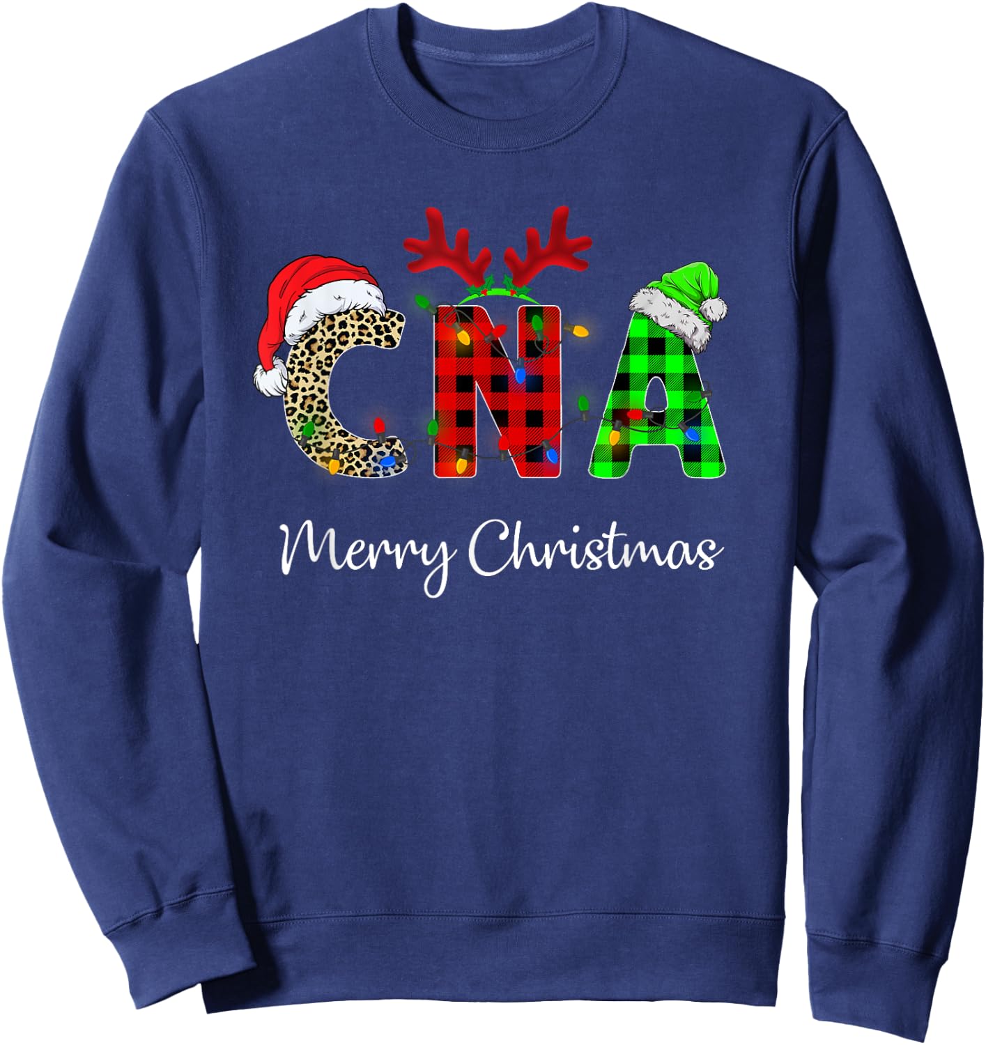 Leopard Red Plaid CNA Nursing Santa Hat Reindeer Christmas Sweatshirt - Sweatshirt | Navy