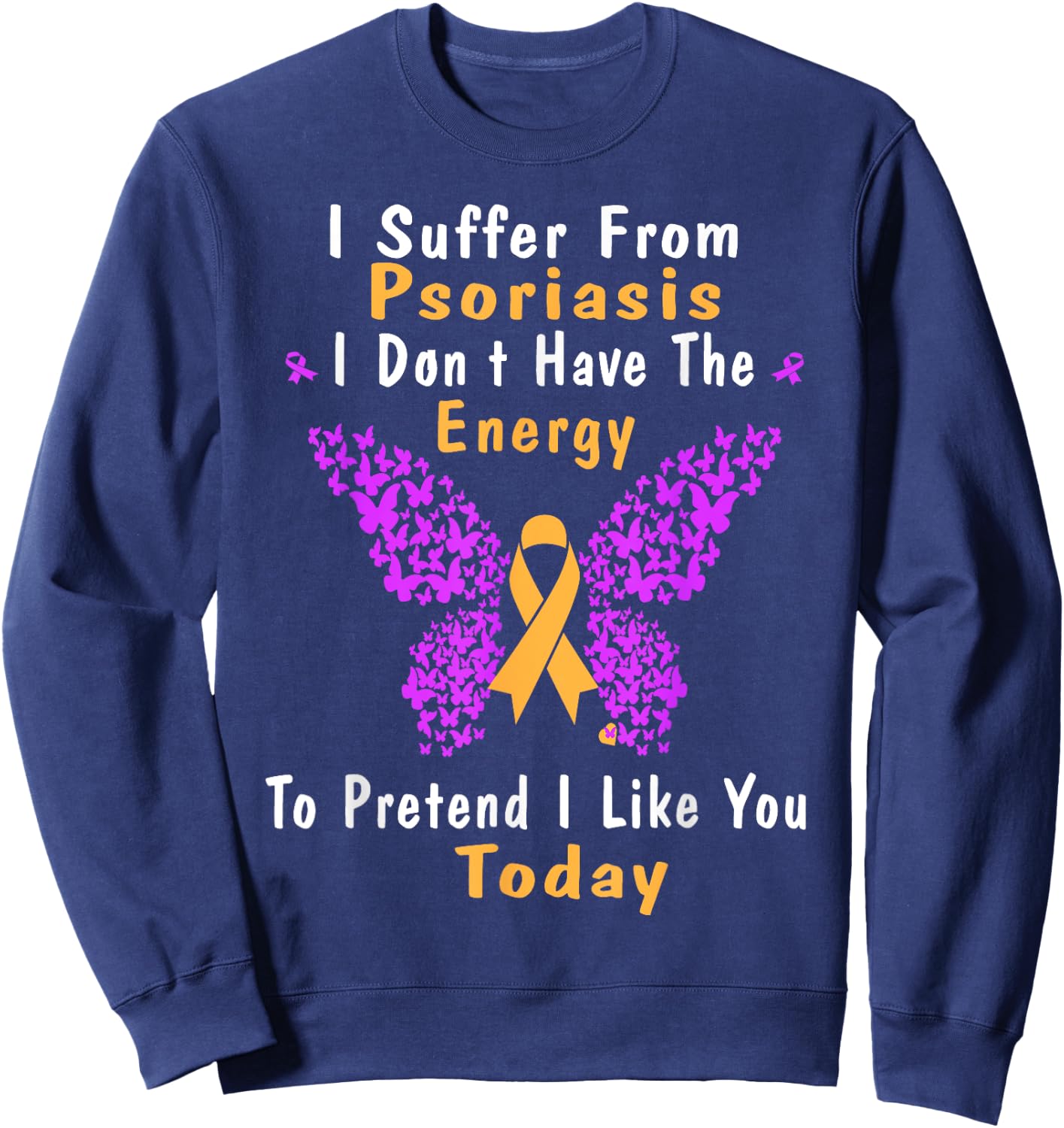 Psoriasis Awareness Butterfly Purple and Orange Ribbon Sweatshirt - Sweatshirt | Navy