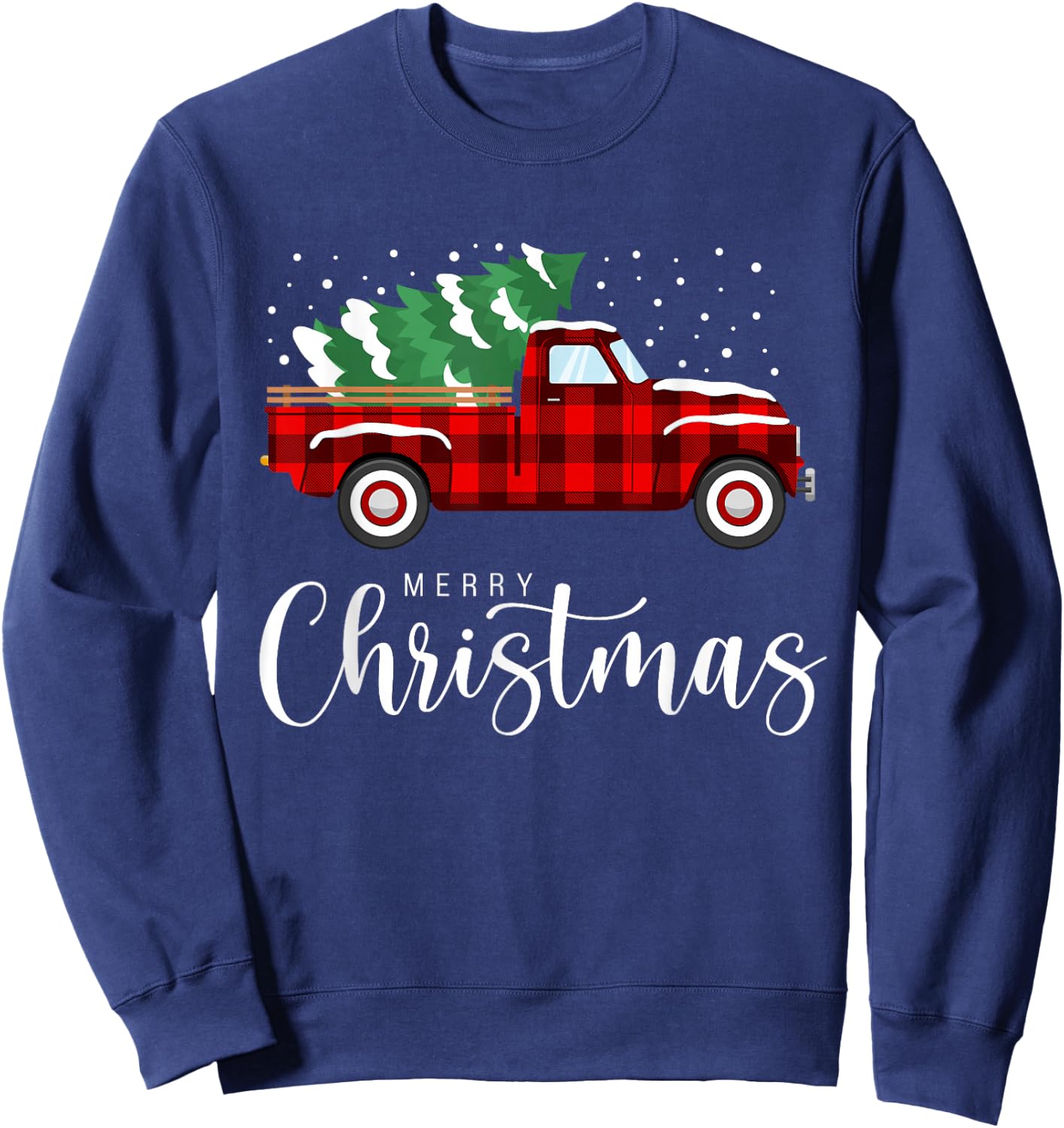 Merry Christmas Red Truck Buffalo Plaid Xmas Retro Vintage Sweatshirt - Sweatshirt | Navy