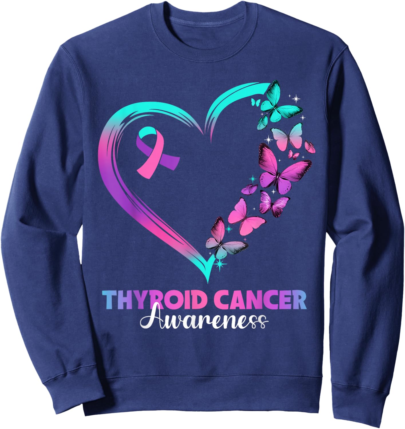 Butterfly Heart Ribbon Thyroid Cancer Awareness Warrior Sweatshirt - Sweatshirt | Navy