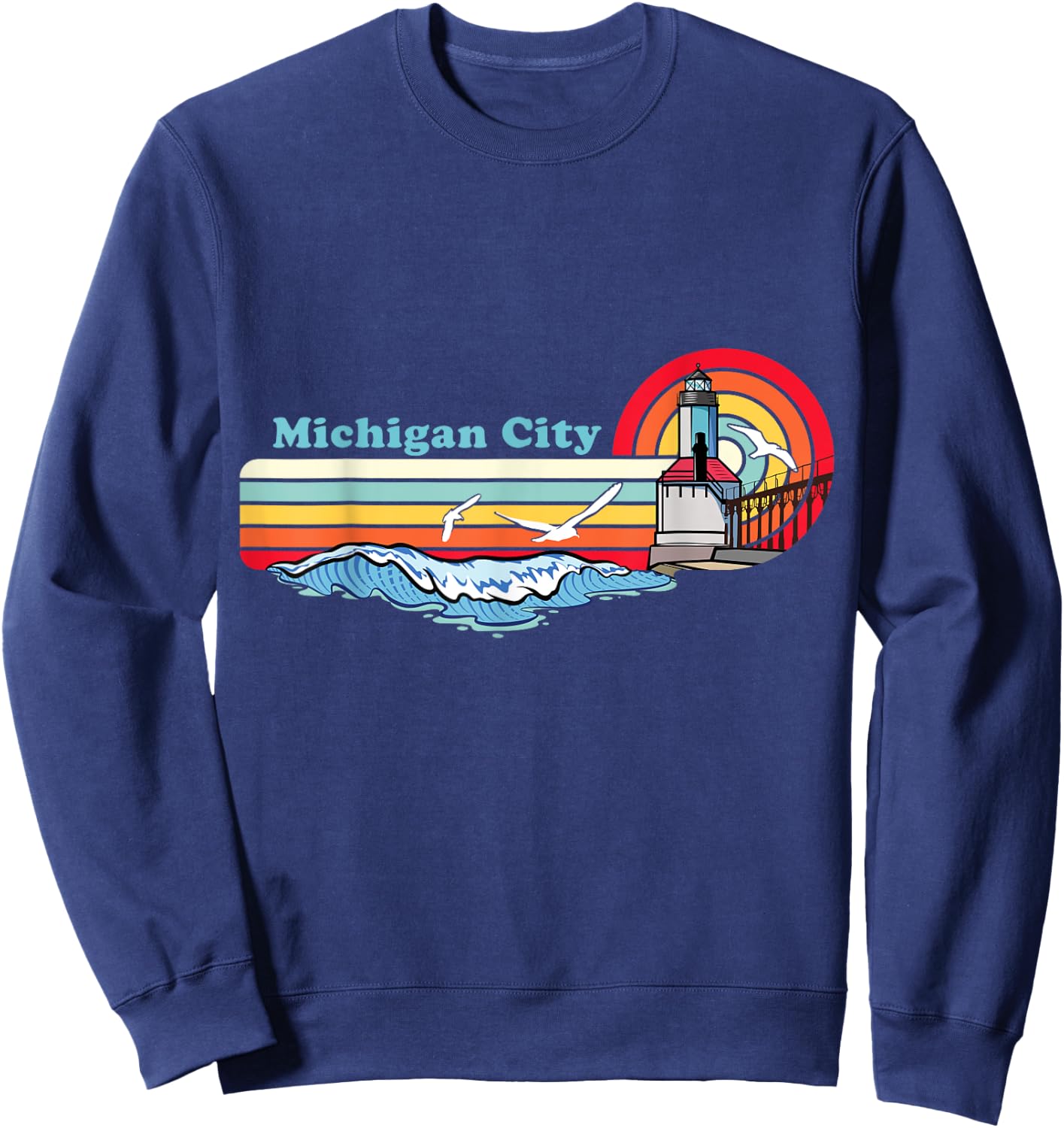Michigan City Indiana Retro Beach Design with Lighthouse Men Women Girls Kids Sweatshirt - Sweatshirt | Navy