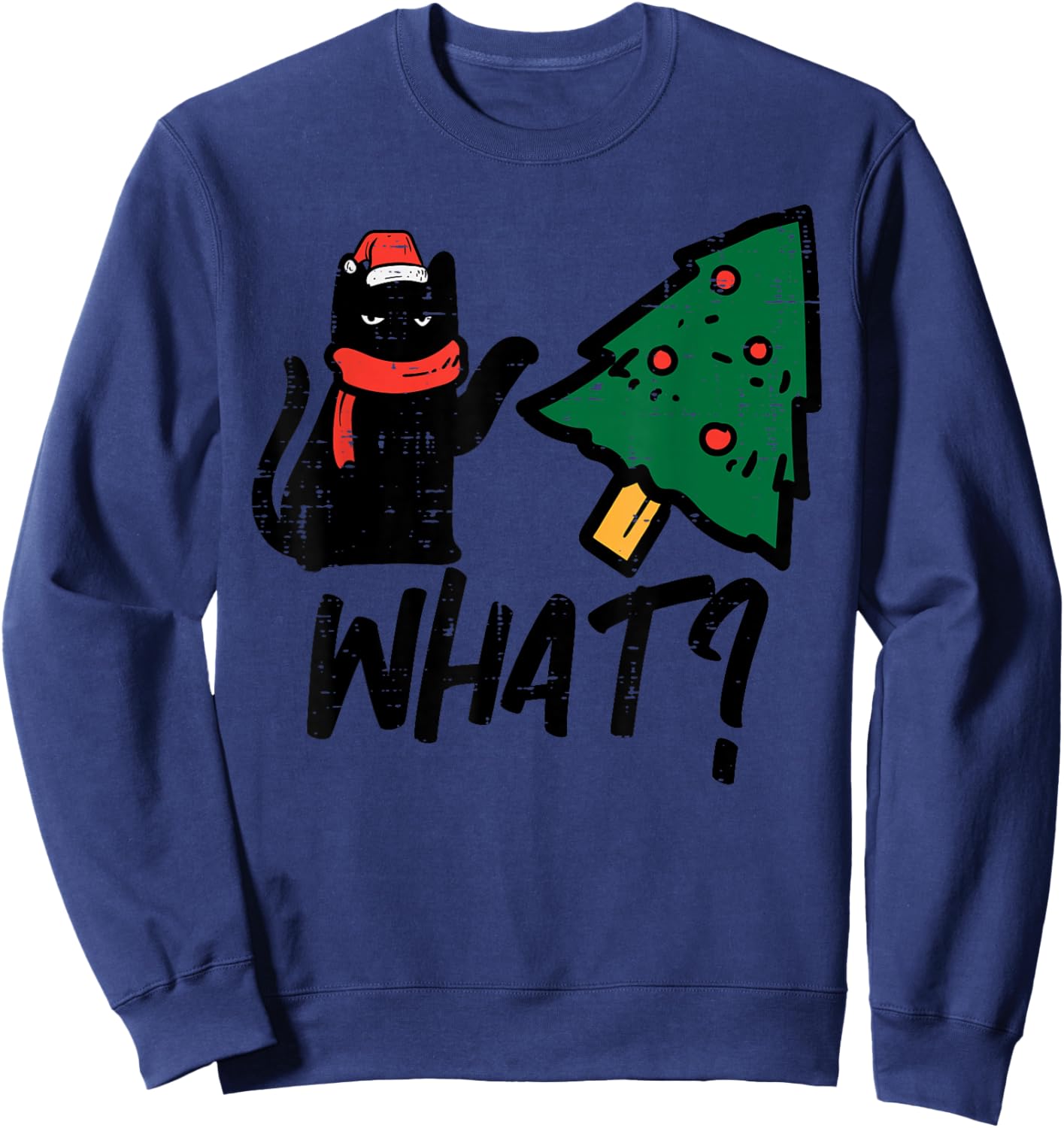 Black Cat Tipping Christmas Tree What Funny Men Women Kids Sweatshirt - Sweatshirt | Navy