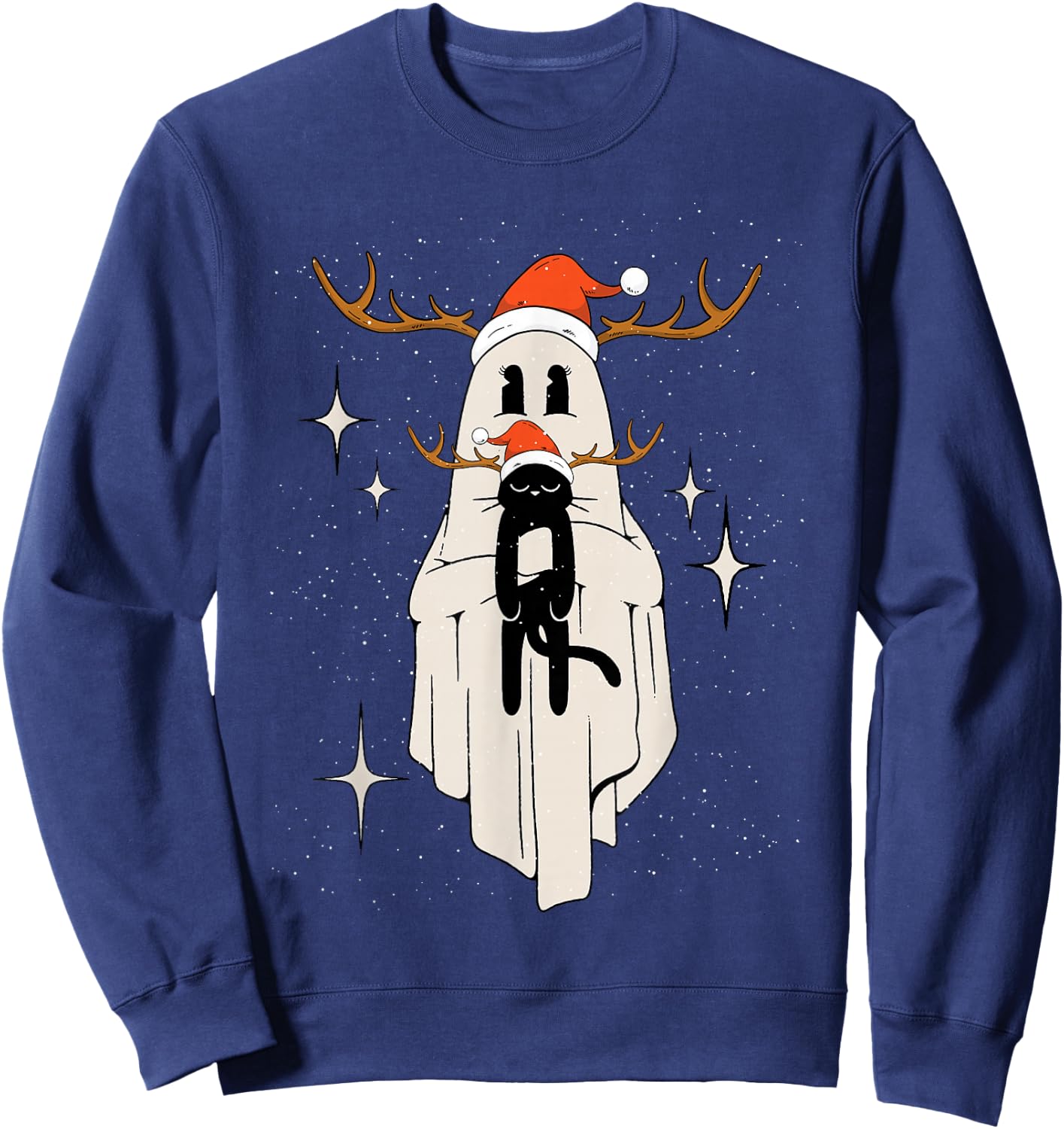 Cute Ghost with Santa Hat holding Black Cat - Kids Women Men Sweatshirt - Sweatshirt | Navy
