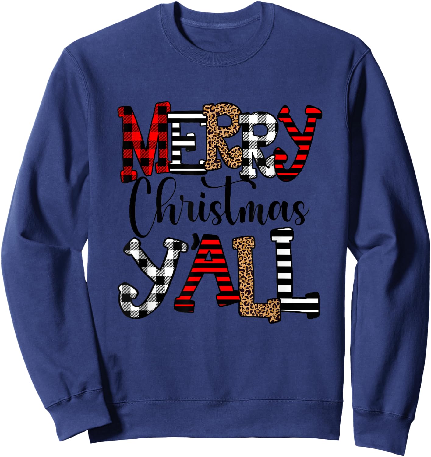 Western Country Merry Christmas Ya'll Leopard Buffalo Plaid Sweatshirt - Sweatshirt | Navy
