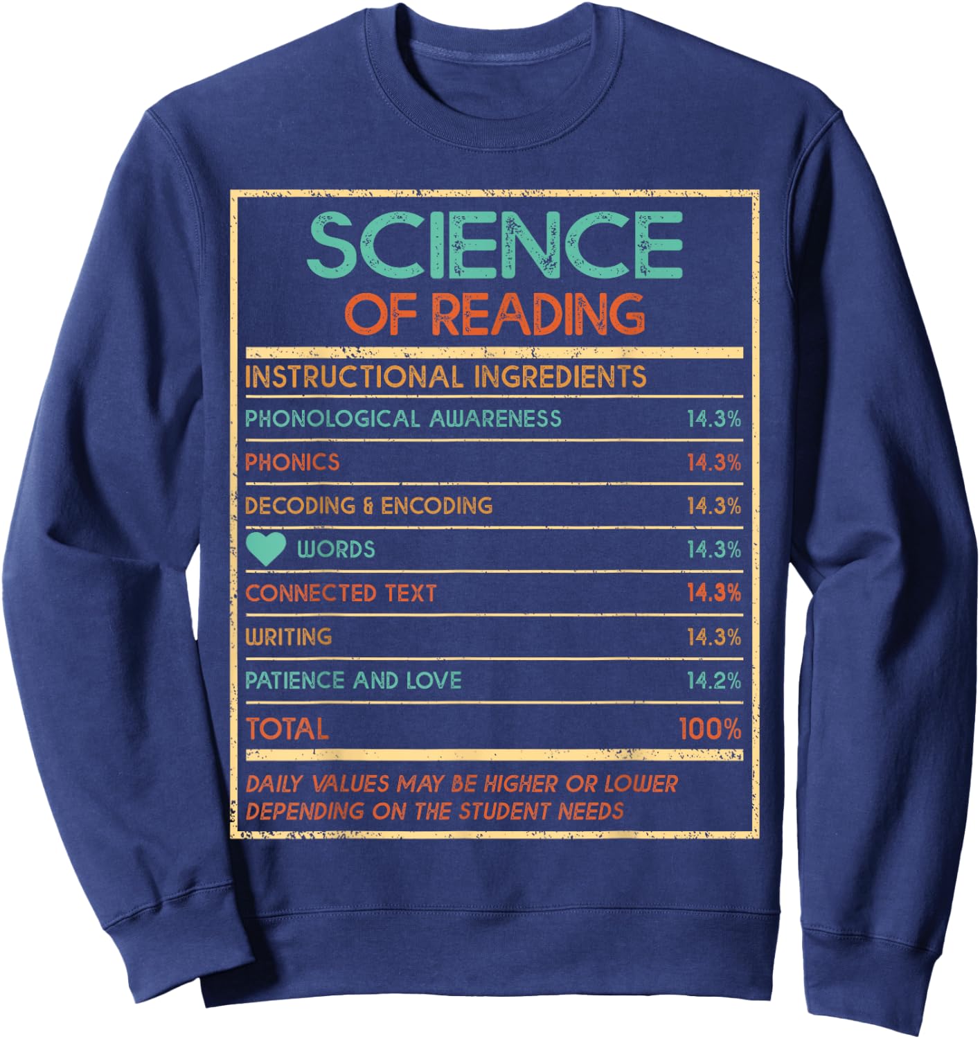 Reading Teacher Funny Science Of Reading Nutrition Facts Women Kids Sweatshirt - Sweatshirt | Navy