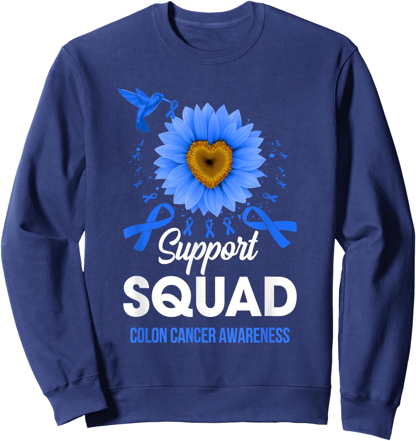 Support Squad Colon Cancer Awareness Sunflower Hummingbird Sweatshirt - Sweatshirt | Navy