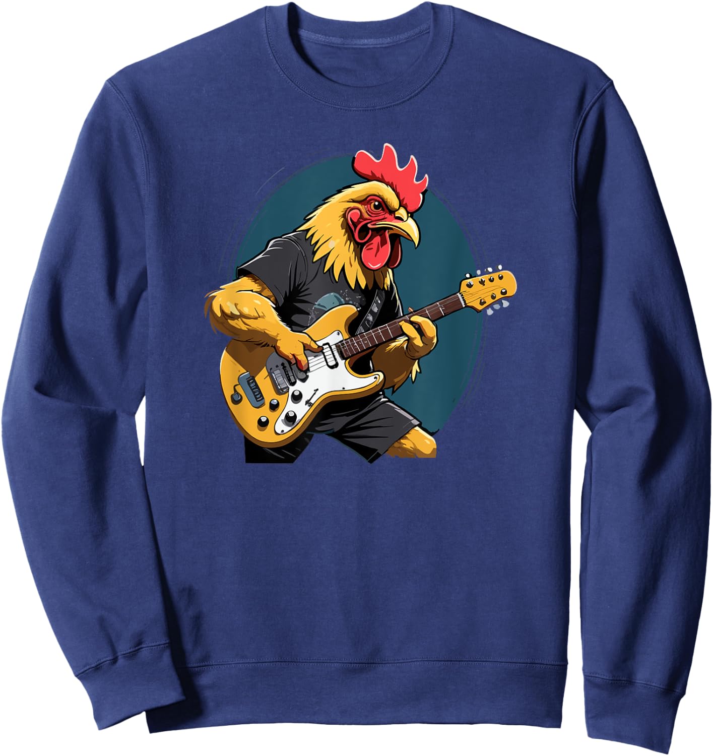 Music Lovers Chicken playing Guitar Chicken Guitarist Black Cartoon Sweatshirt - Sweatshirt | Navy