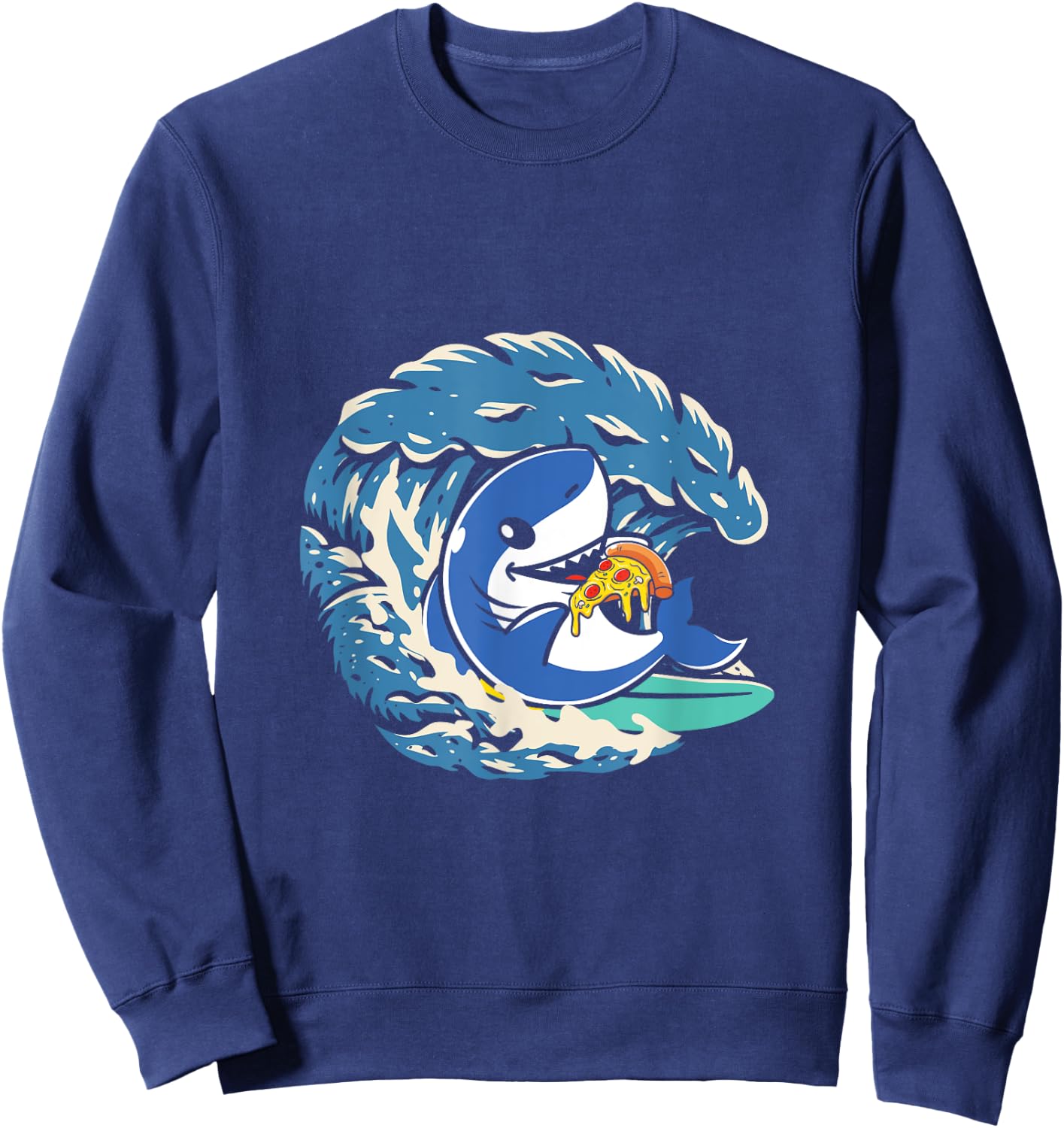 Surfing Shark Eating Pepperoni Pizza Sweatshirt - Sweatshirt | Navy