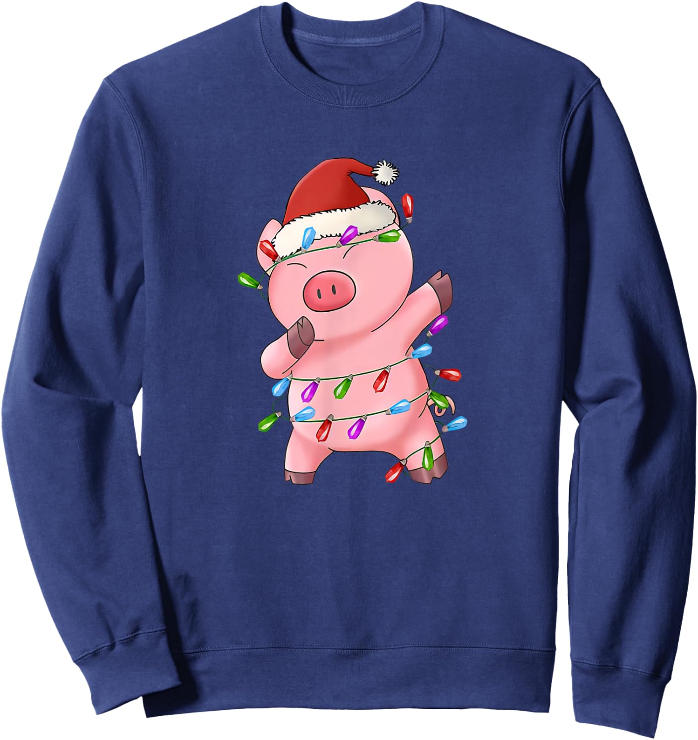 Dabbing Pig Santa Hat Christmas Tree Lights Funny Xmas Sweatshirt - Sweatshirt | Navy