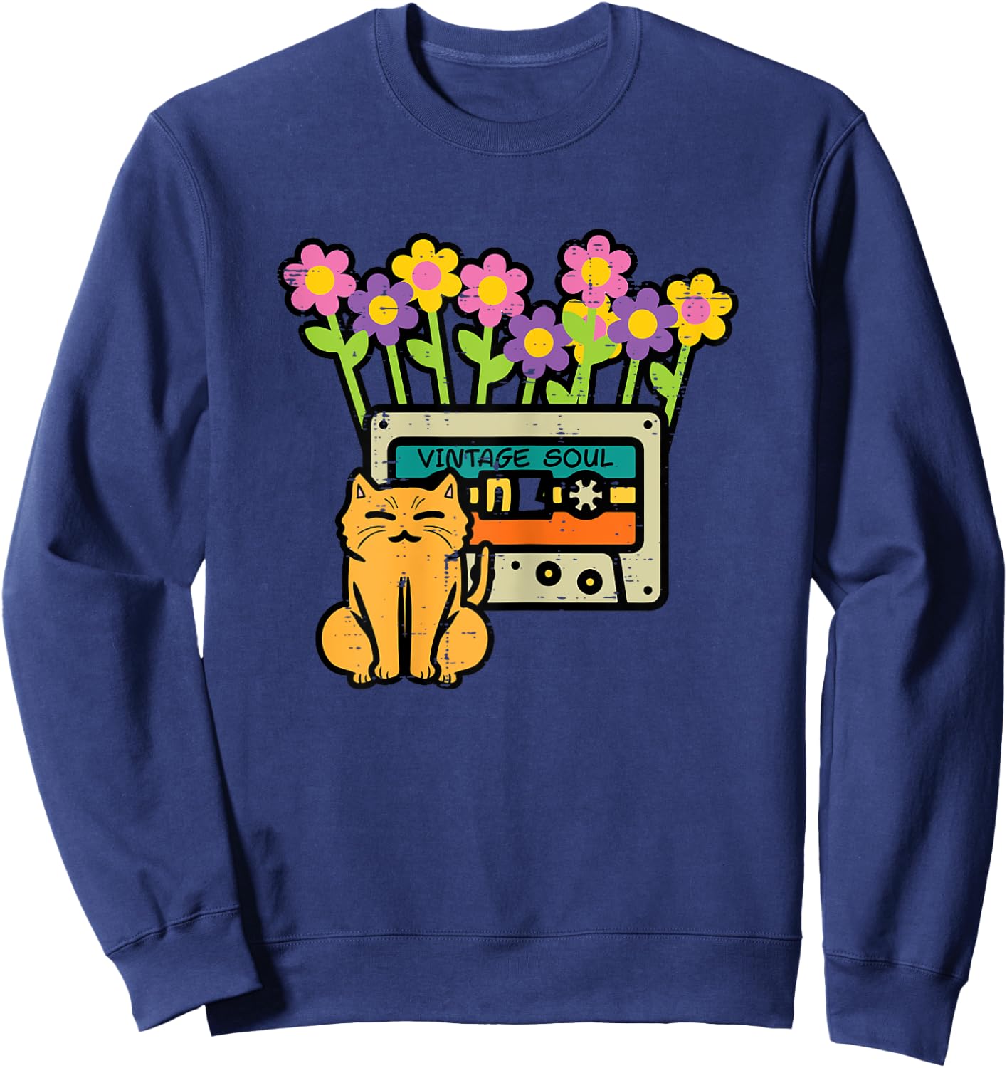 Cat Casette Tape Vintage Soul Flowers Retro Mom Women Girls Sweatshirt - Sweatshirt | Navy
