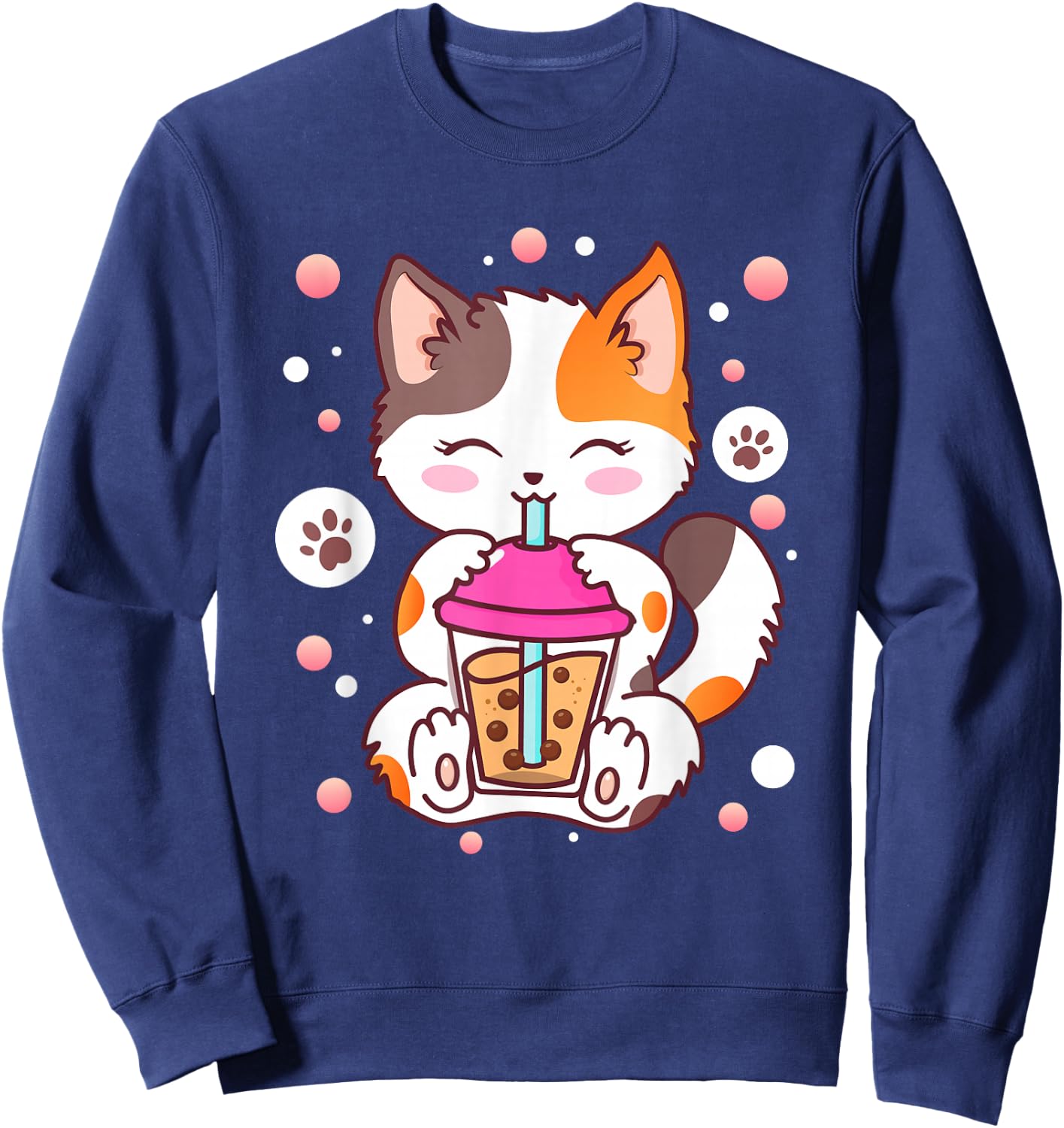 Cat Boba Tea Bubble Tea Kawaii Anime Japanese Neko Girl Teen Sweatshirt - Sweatshirt | Navy