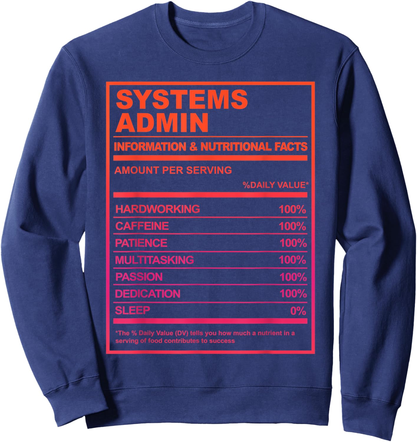 Systems Admin Nutrition Facts Tech Humor Sweatshirt - Sweatshirt | Navy