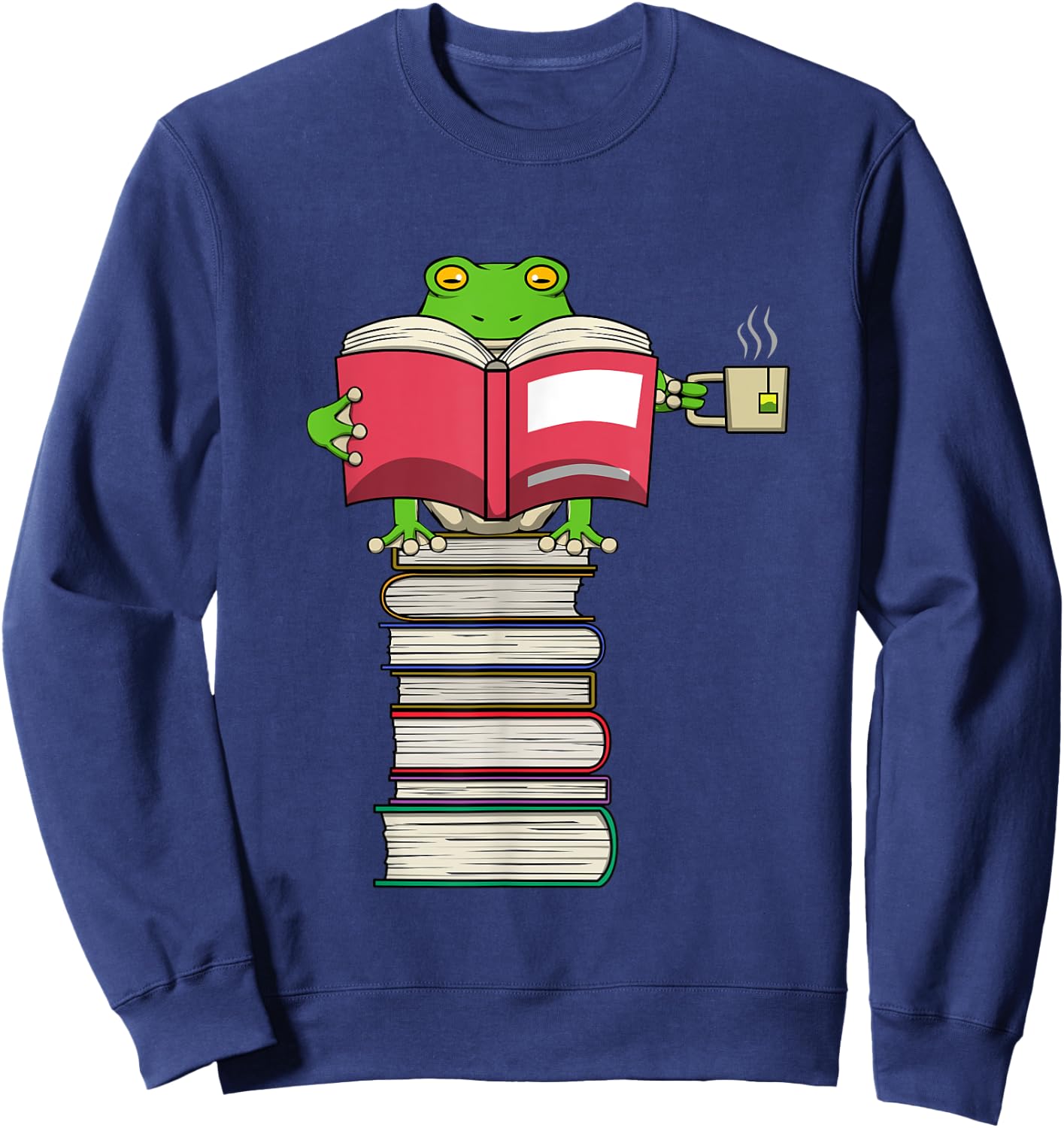 Funny Frog Reading Books and Drinking Tea Sweatshirt - Sweatshirt | Navy