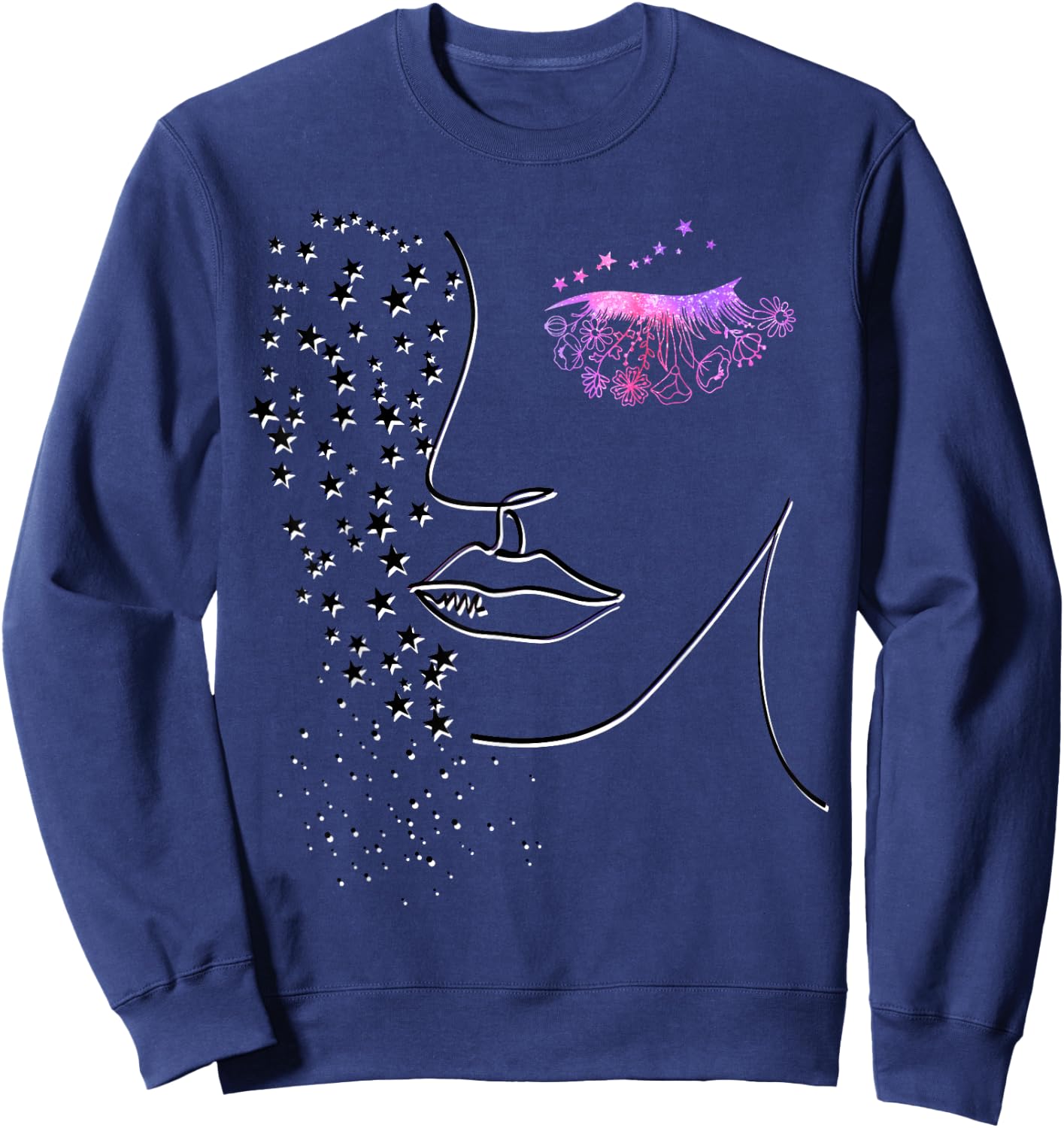 Female Minimalist Face Art - Pink Flower Eye Lashes & Stars Sweatshirt - Sweatshirt | Navy