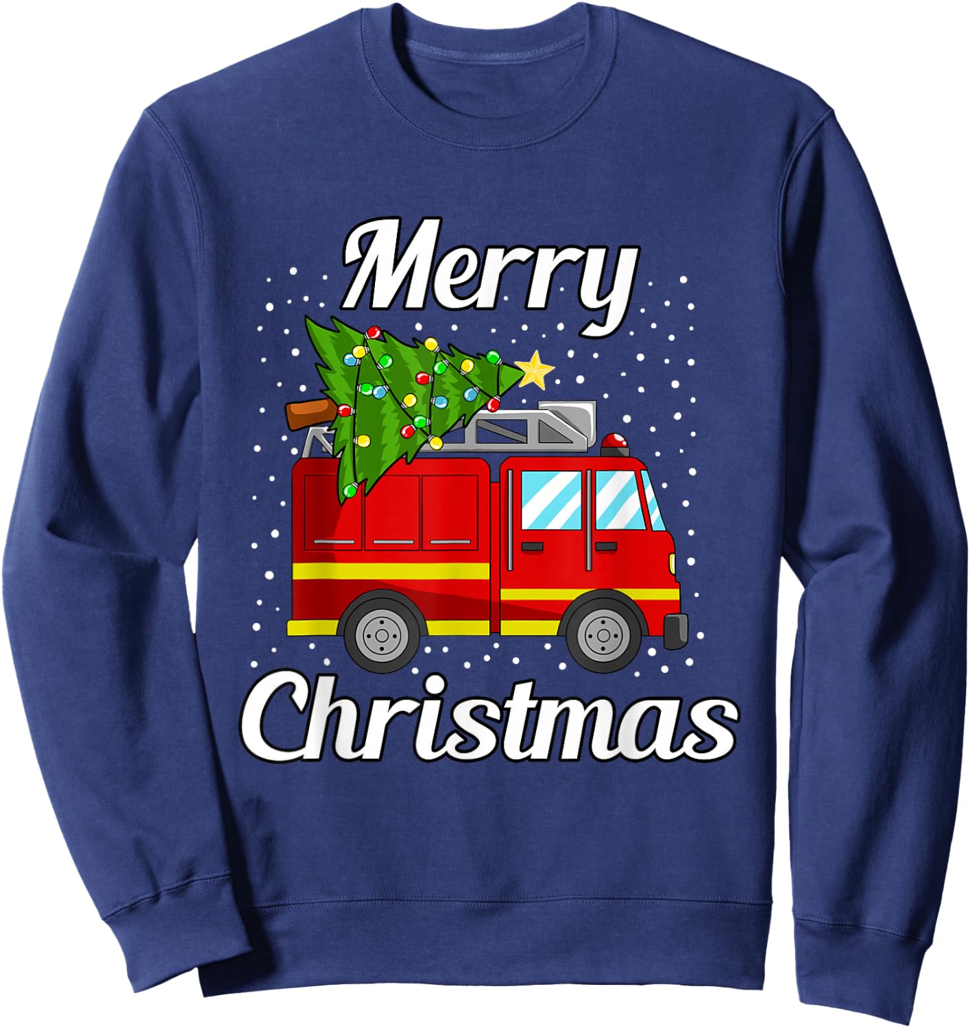 Merry Christmas Tree Firetruck Pajama Firefighter Fireman Sweatshirt - Sweatshirt | Navy