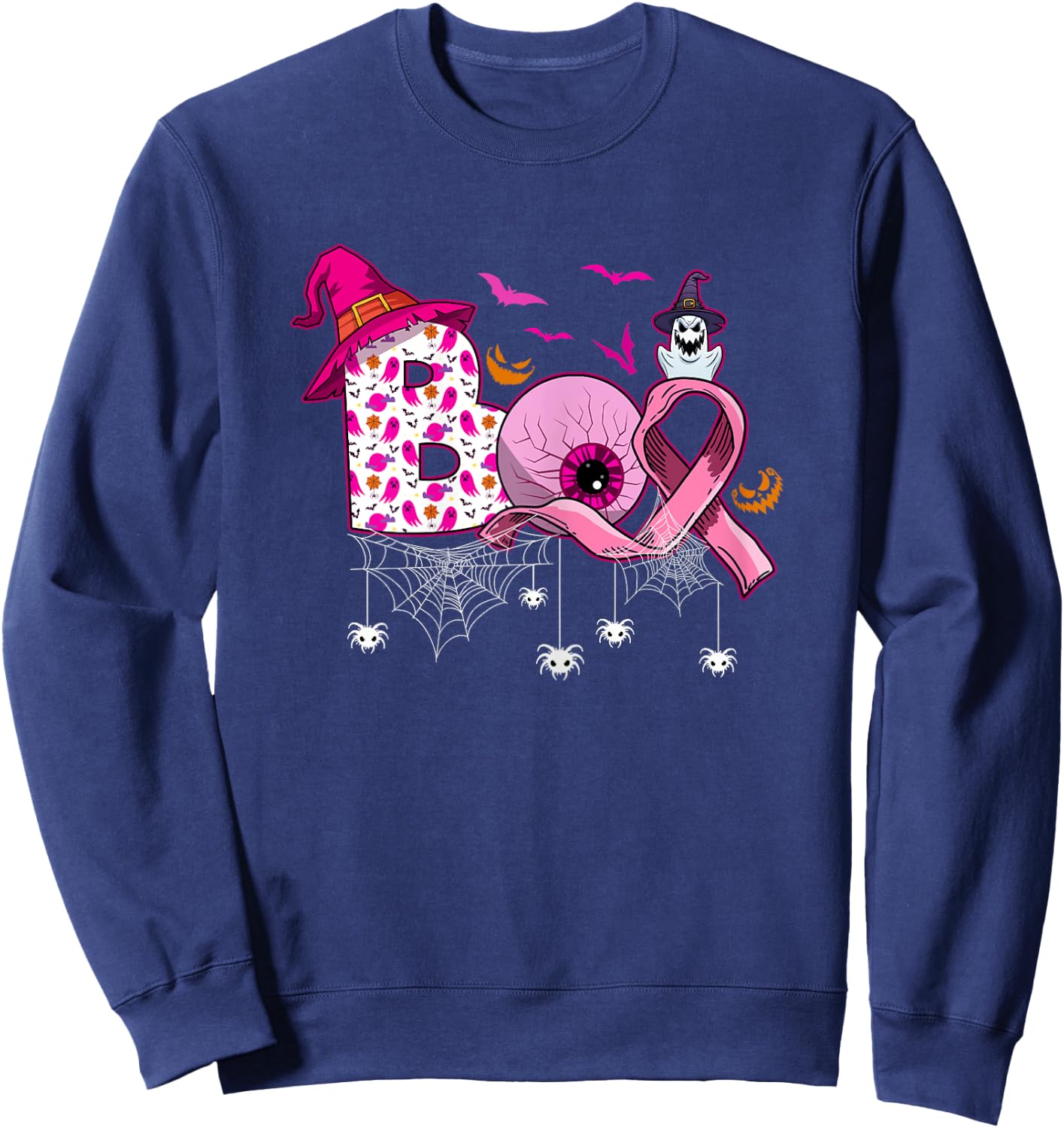 Boo Halloween Pumpkin Pink Ribbon Witch Breast Cancer Sweatshirt - Sweatshirt | Navy