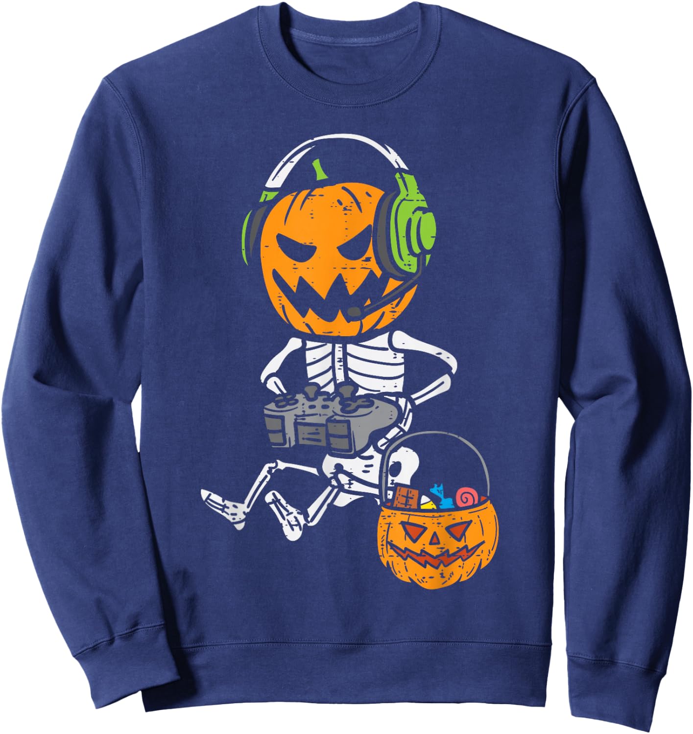 Gamer Pumpkin Skeleton Funny Halloween Gaming Boys Men Kids Sweatshirt - Sweatshirt | Navy