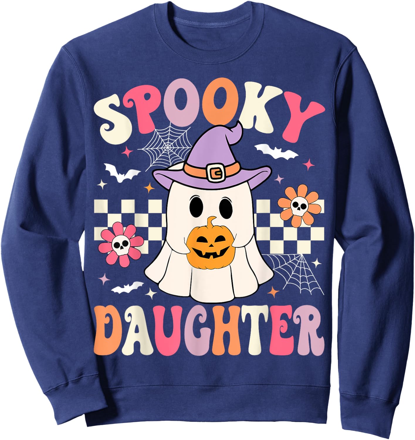 Groovy Spooky Daughter Retro Ghost Holding Pumpkin Halloween Sweatshirt - Sweatshirt | Navy