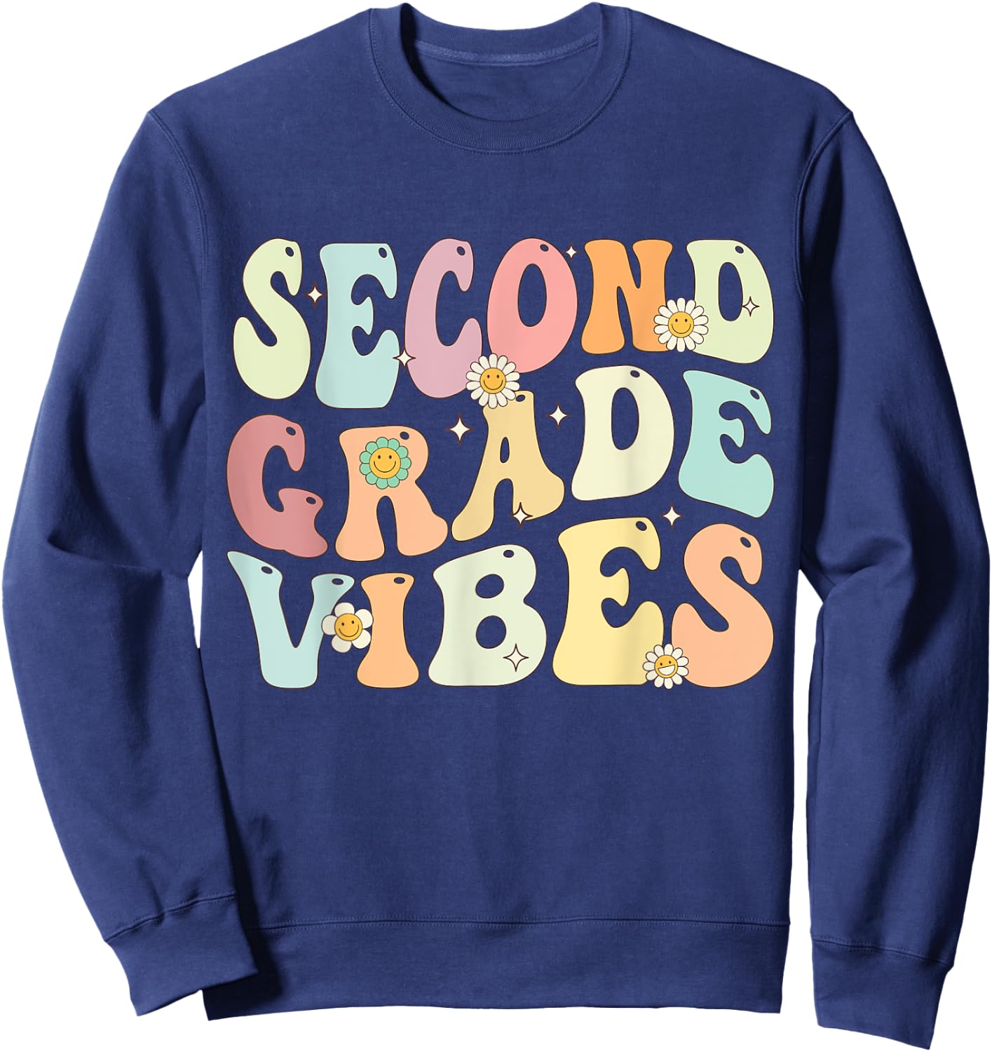 Second Grade Vibes Groovy Retro Back To School Teachers Kids Sweatshirt - Sweatshirt | Navy