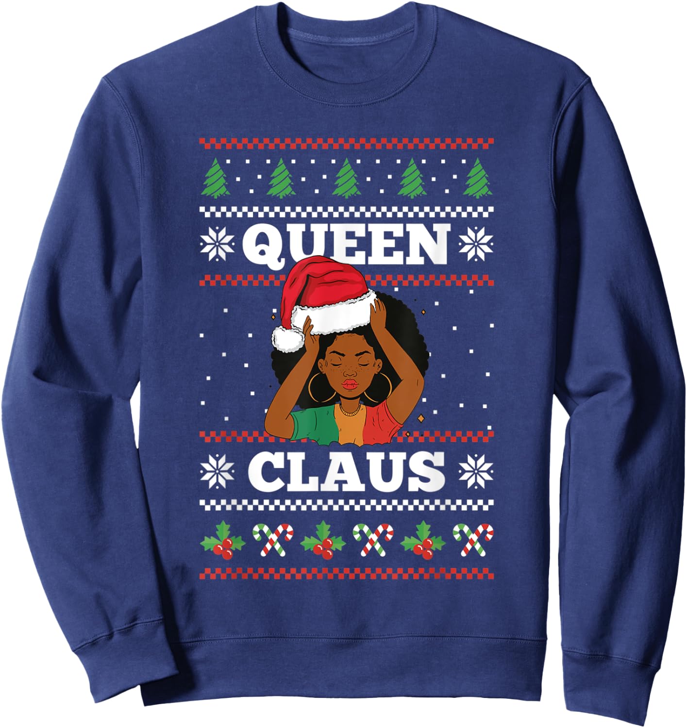 Queen Claus Afro African American Santa Women Ugly Christmas Sweatshirt - Sweatshirt | Navy