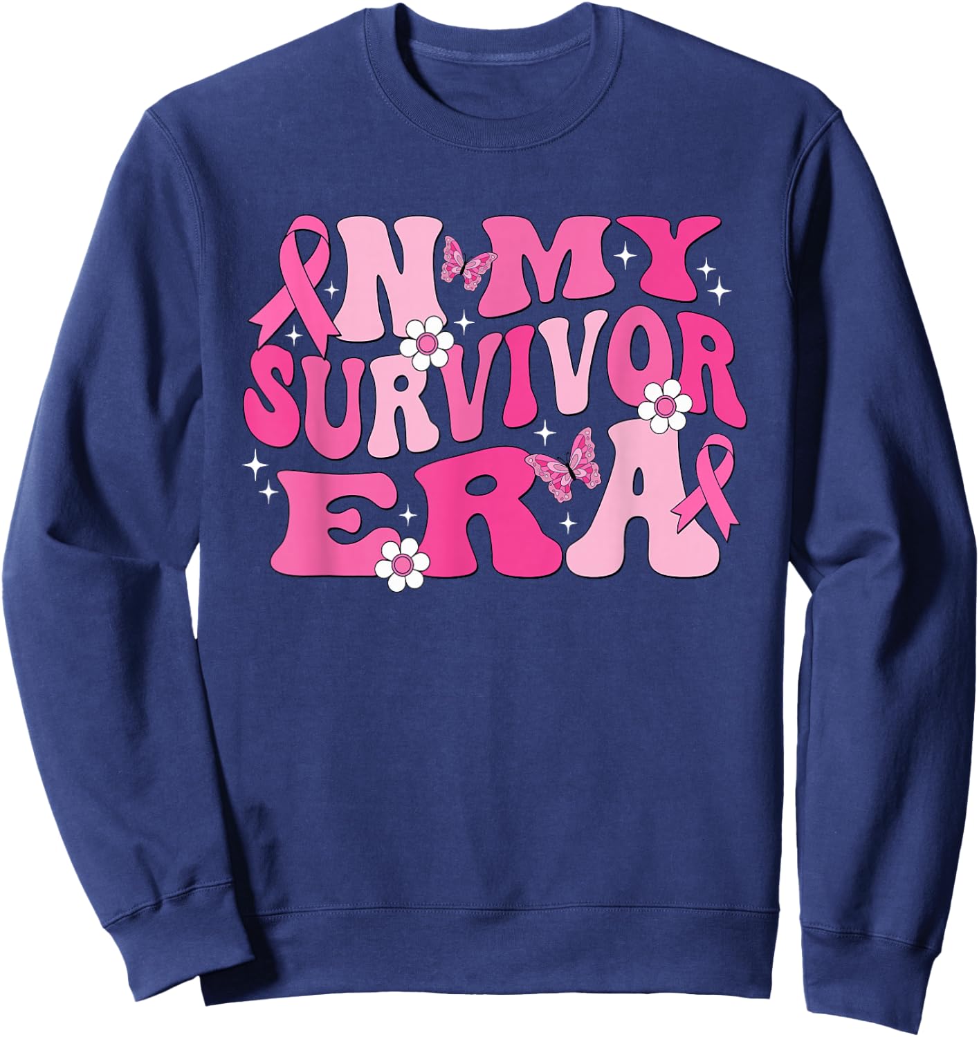 Groovy In My Survivor Era Pink Ribbon Breast Cancer Sweatshirt - Sweatshirt | Navy