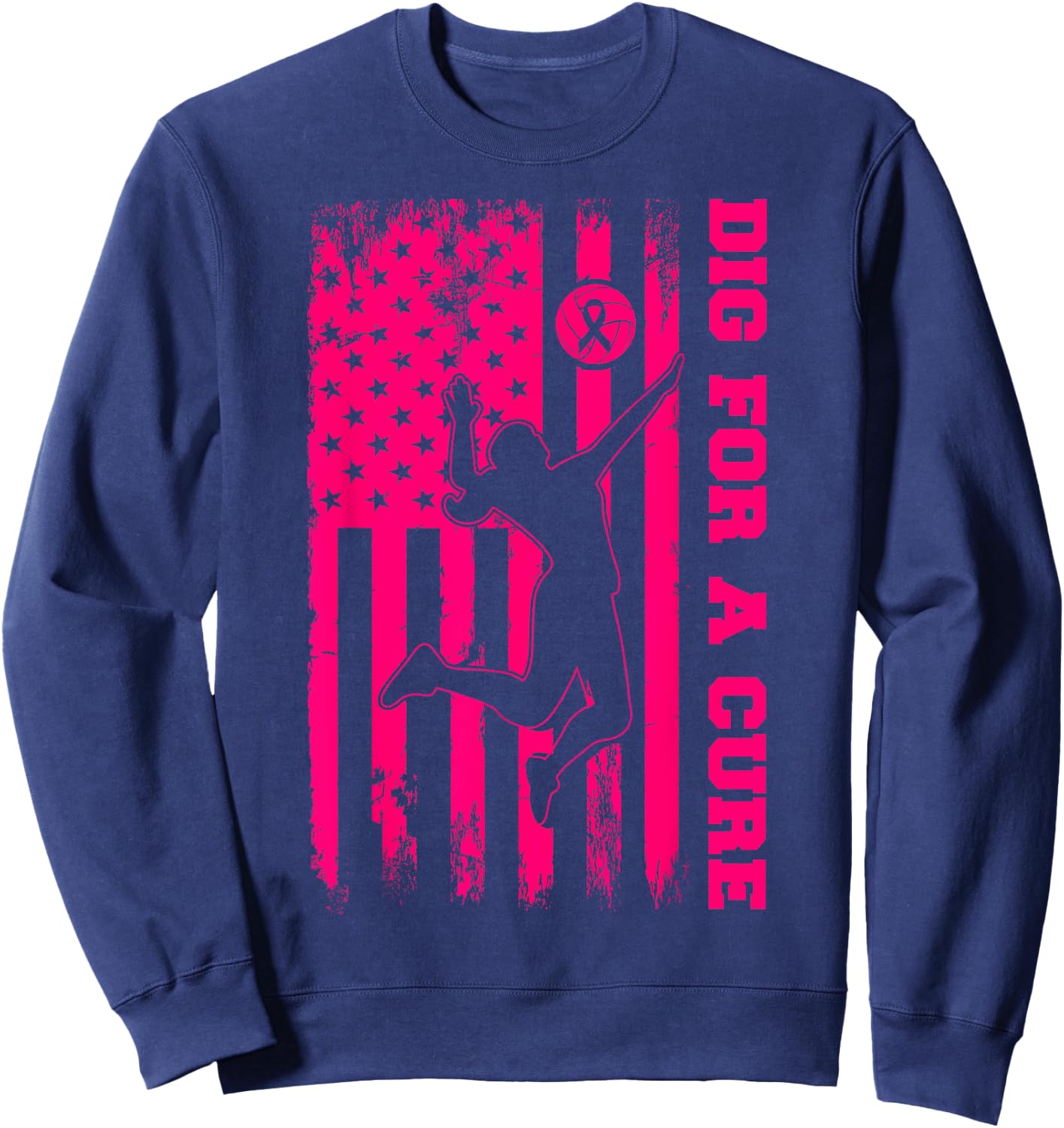 Dig For A Cure Breast Cancer Volleyball Pink American Flag Girls Kids Men Sweatshirt - Sweatshirt | Navy