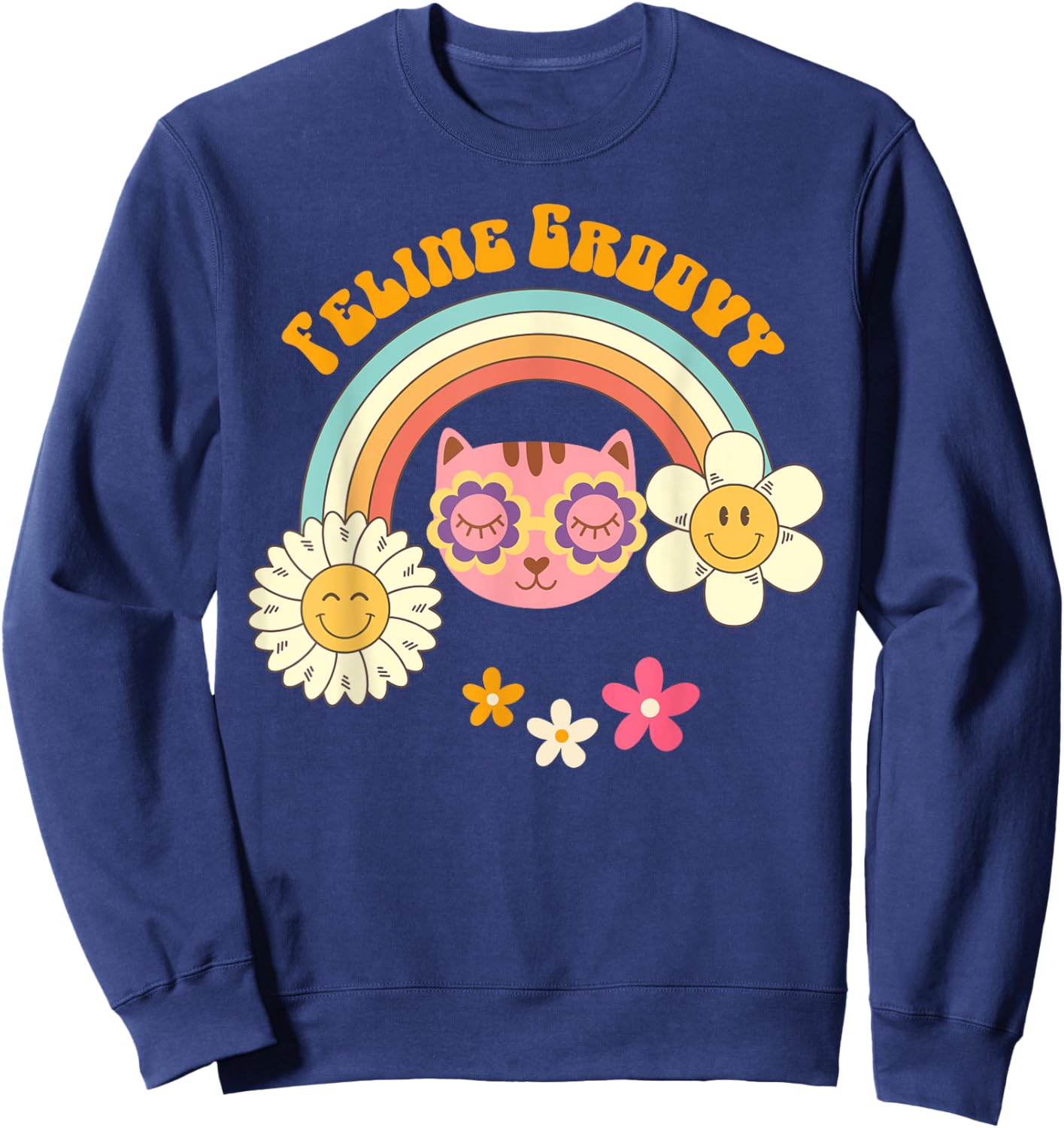 Retro Cat 70's Style: Feline Groovy Rainbow Cat Mom Shirt Women Sweatshirt - Sweatshirt | Navy
