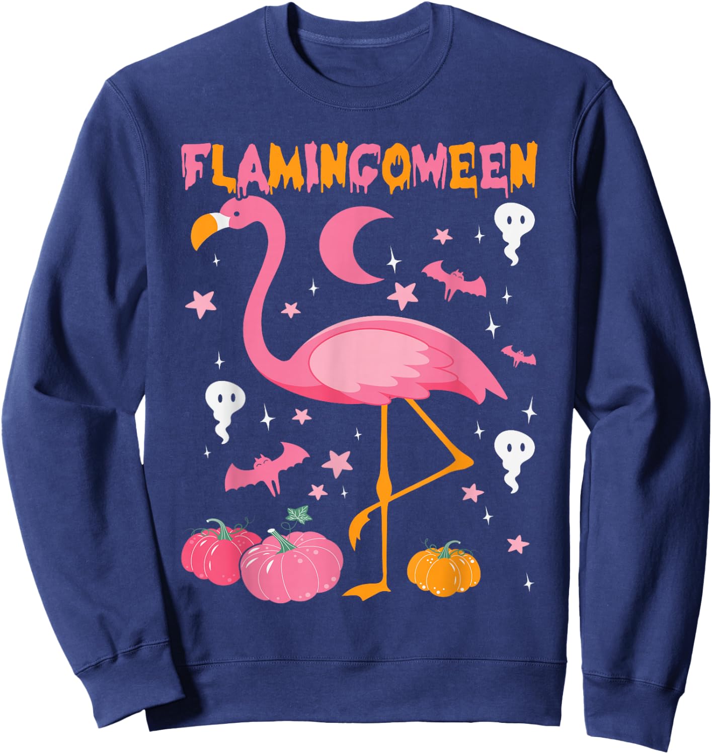 Happy Flamingoween Pink Flamingo Halloween Skeleton Spooky Sweatshirt - Sweatshirt | Navy
