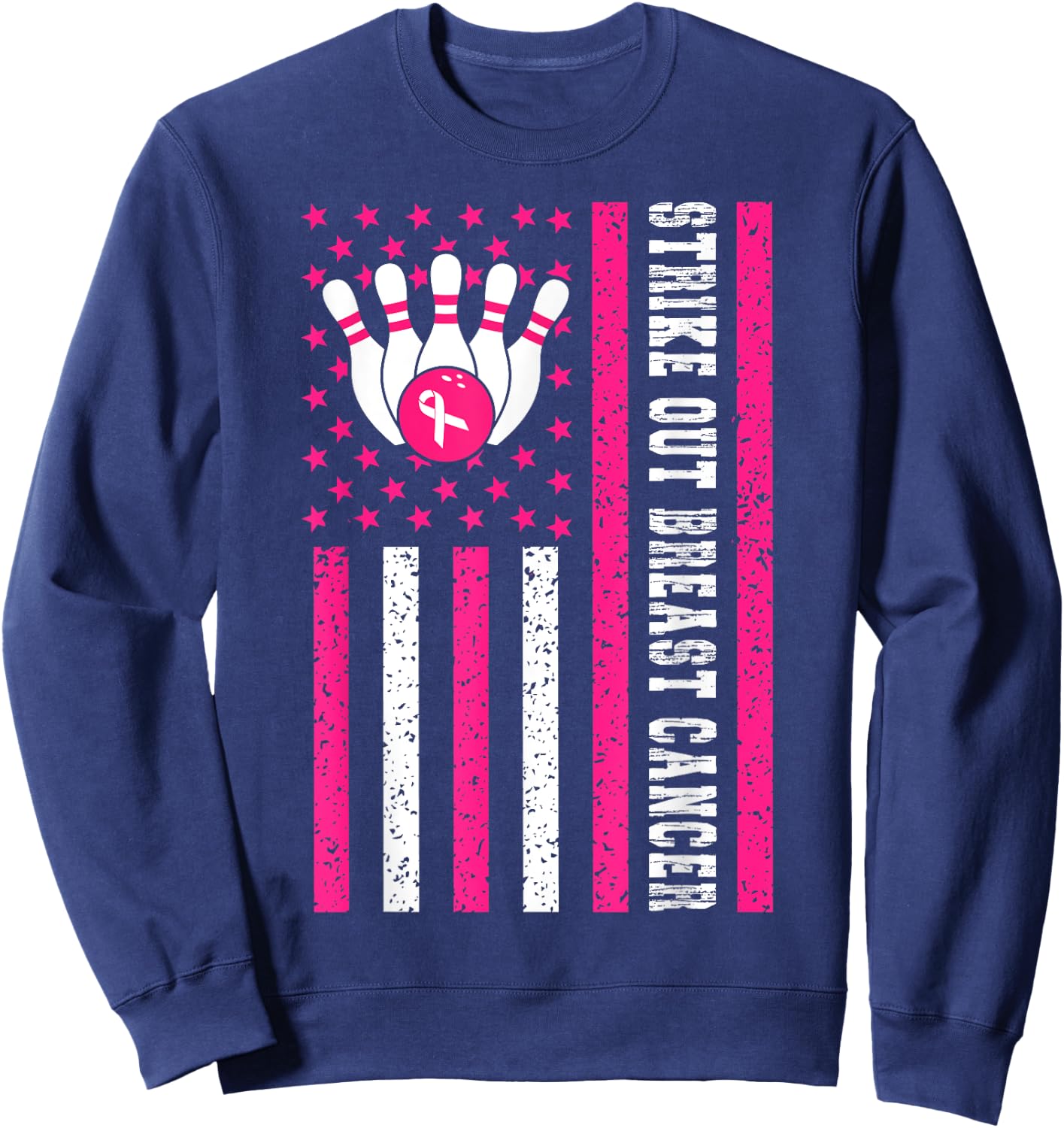 Strike Out Bowling Ribbon USA Flag Breast Cancer Awareness Sweatshirt - Sweatshirt | Navy