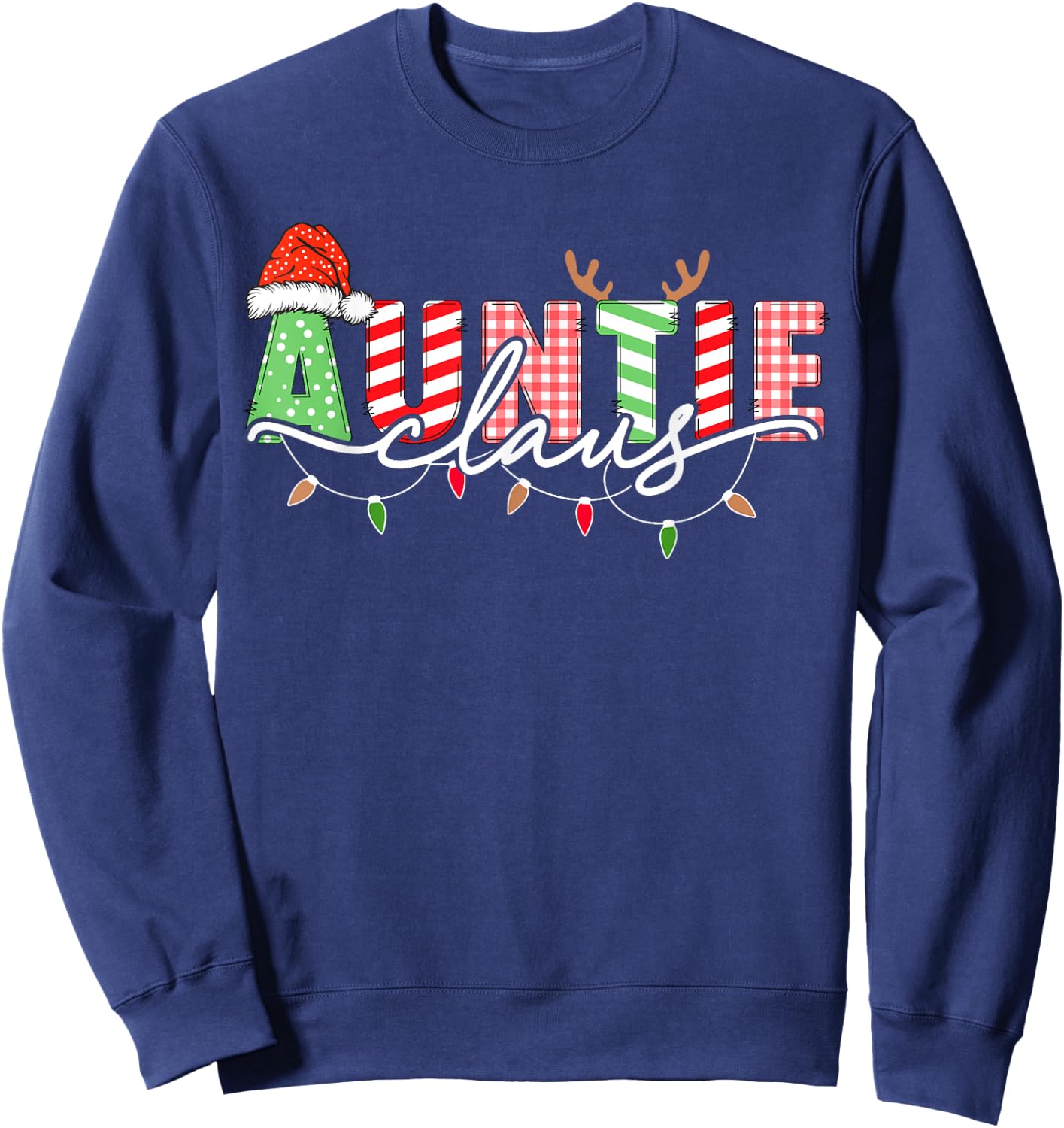 Auntie Claus Xmas Christmas Lights Pajama Family Matching Sweatshirt - Sweatshirt | Navy
