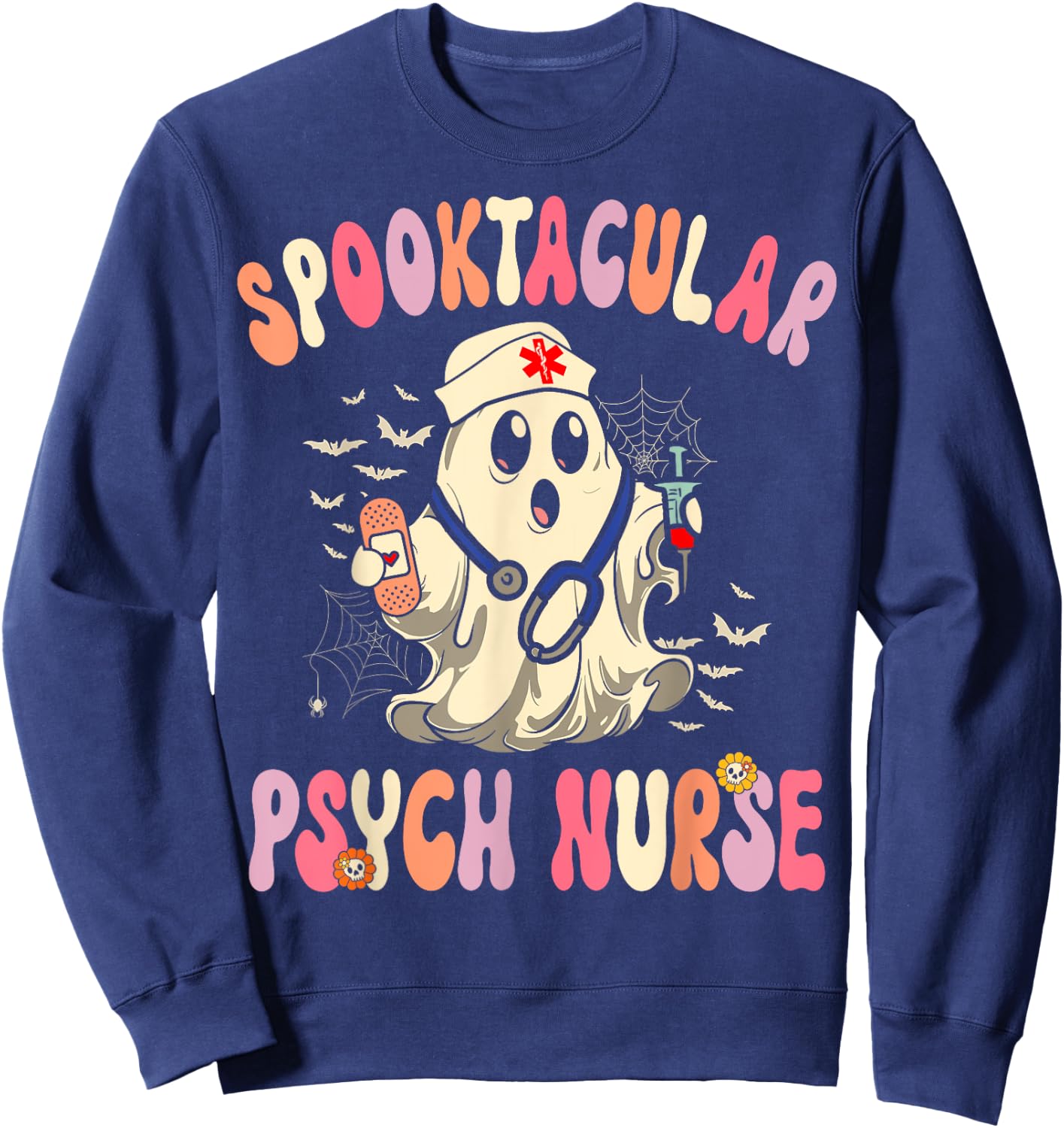 Spooktacular Psych Nurse Retro Halloween Ghost Nursing Sweatshirt - Sweatshirt | Navy