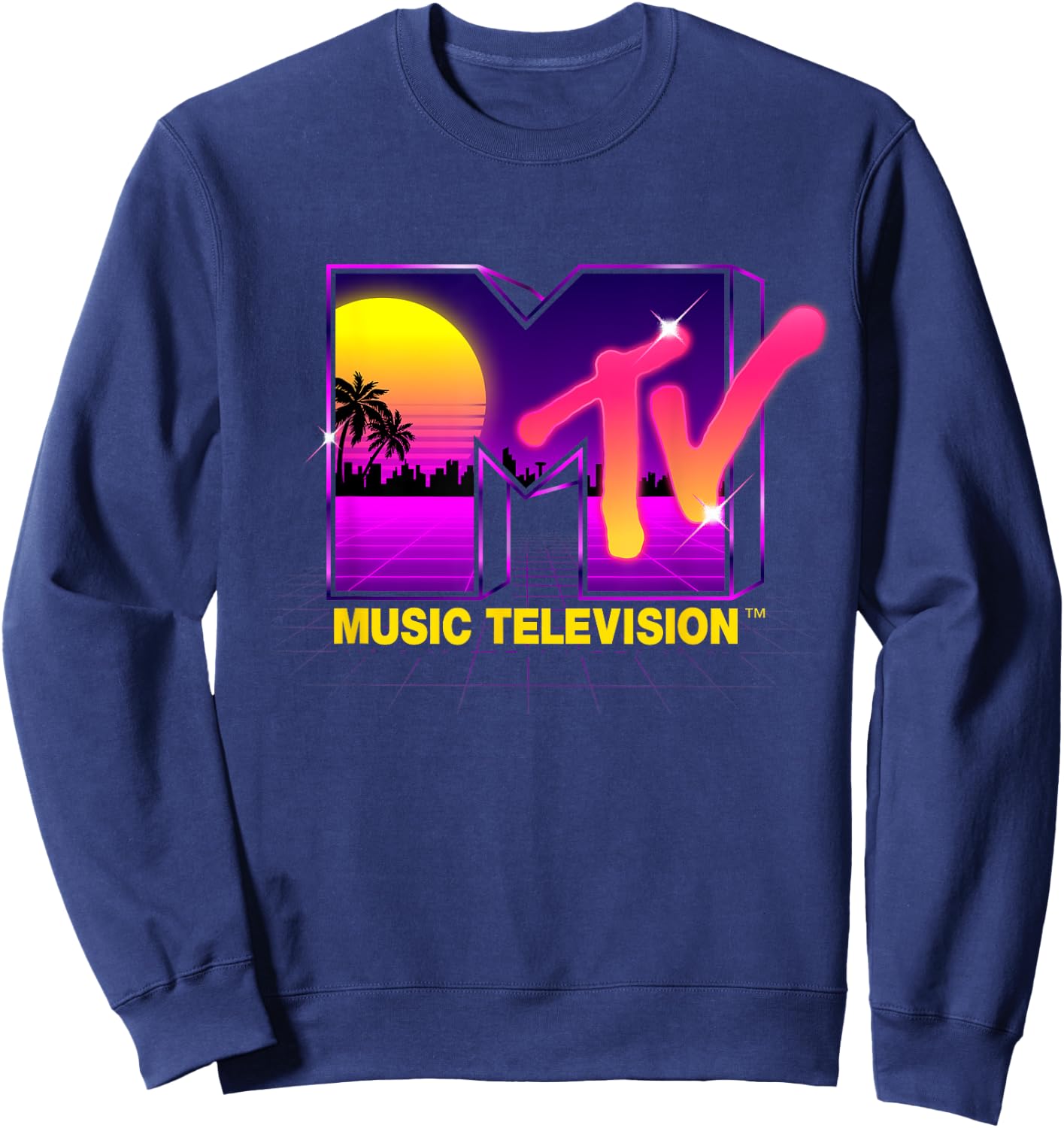 Mademark x MTV - MTV Retrowave Sunset Synthwave Cyberpunk Vaporwave 80s MTV Sweatshirt - Sweatshirt | Navy