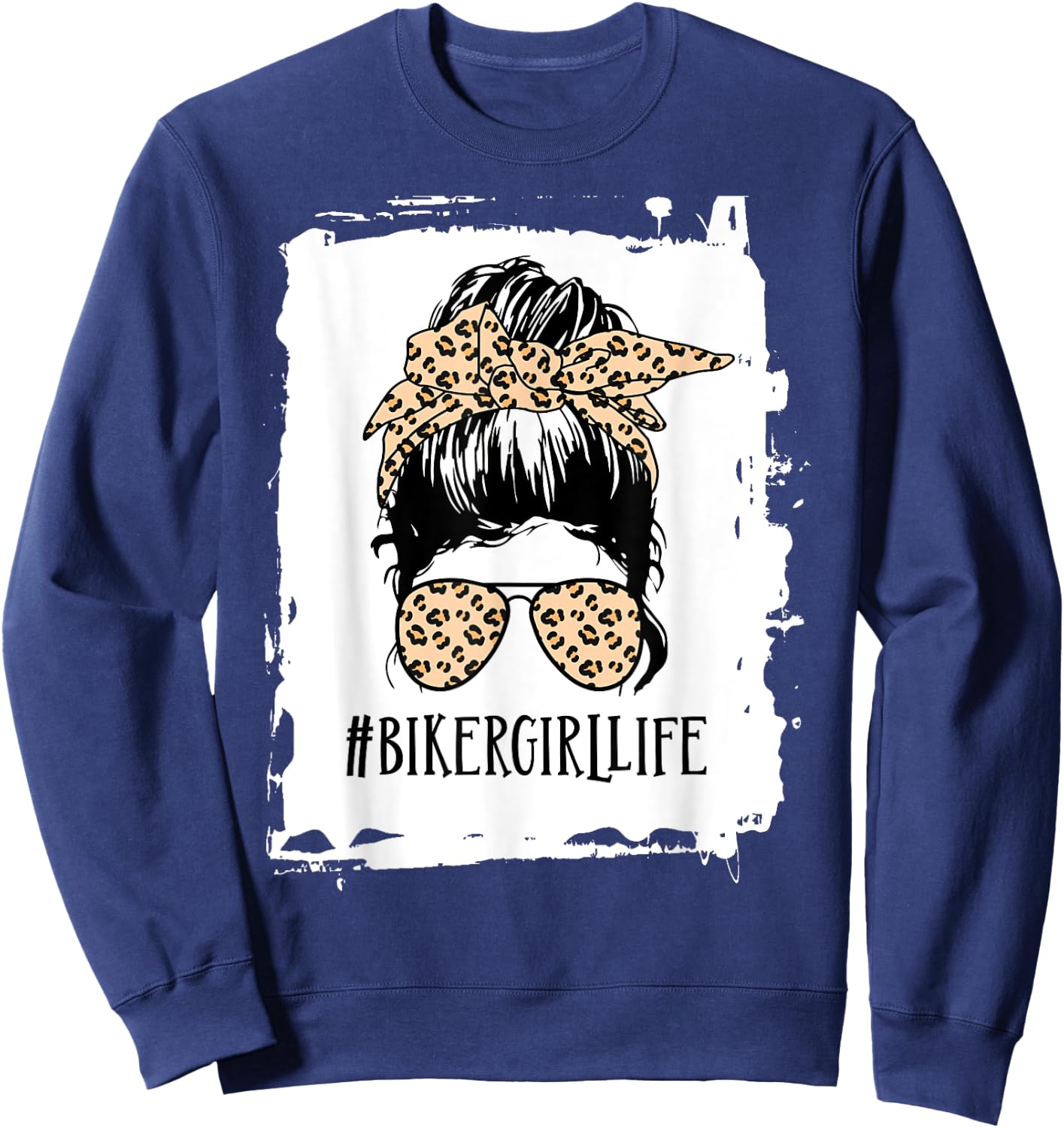 biker girl Life Messy Bun Leopard Sweatshirt - Sweatshirt | Navy