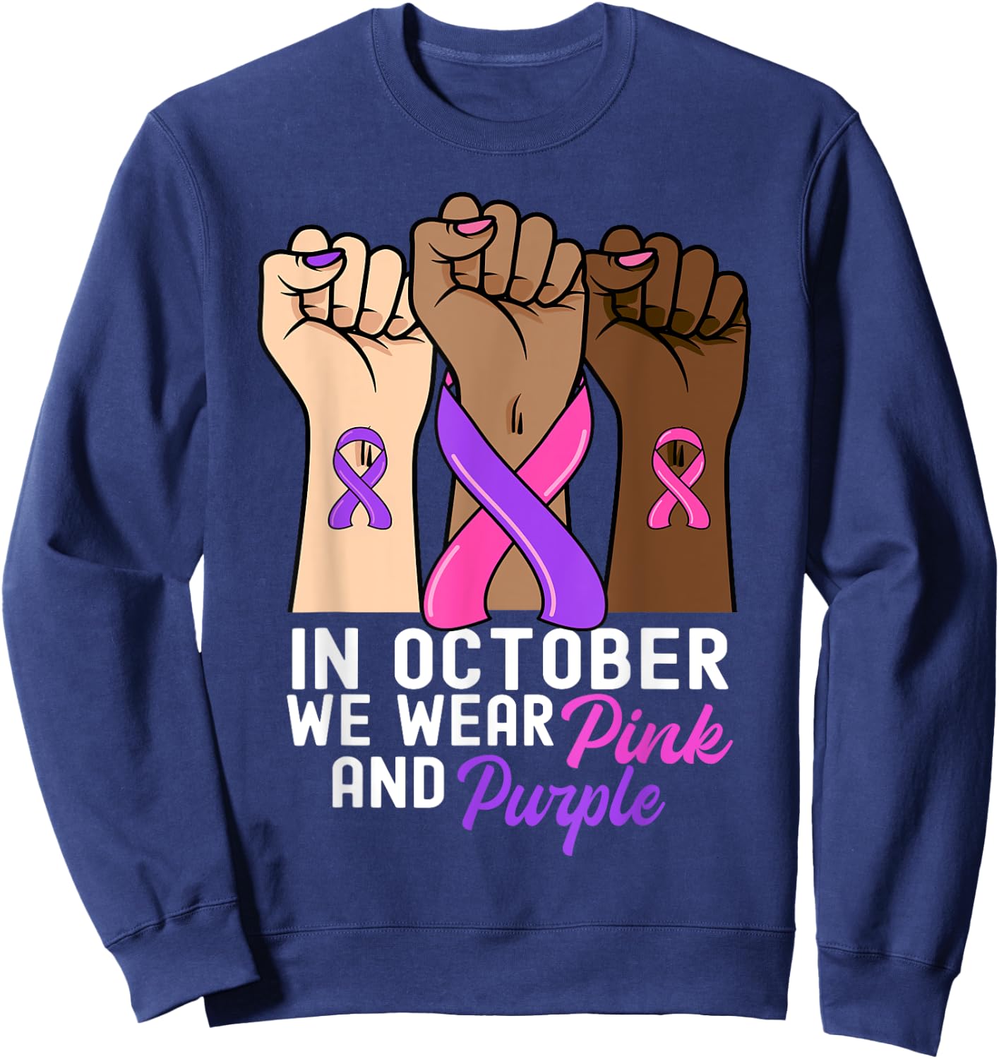 Breast Cancer Domestic Violence Awareness Pink Purple Ribbon Sweatshirt - Sweatshirt | Navy