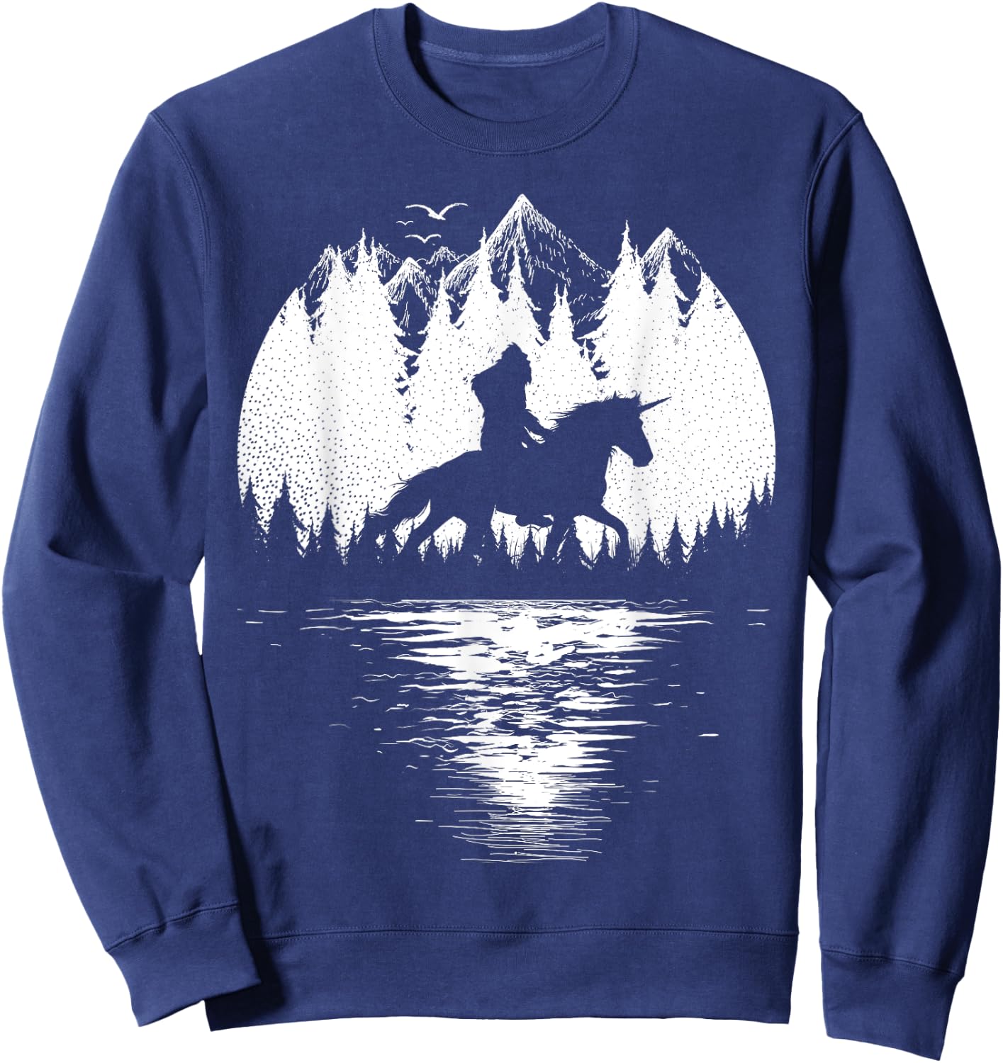 Bigfoot Riding Unicorn amidst Trees! Funny Sasquatch Unicorn Sweatshirt - Sweatshirt | Navy