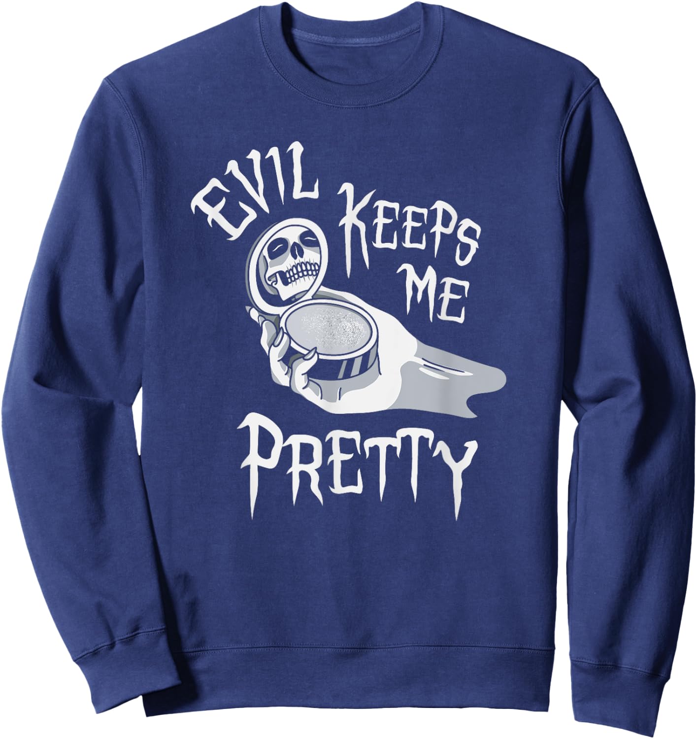 Evil Keeps Me Pretty Cosmetic Makeup Compact Skeleton Skull Sweatshirt - Sweatshirt | Navy