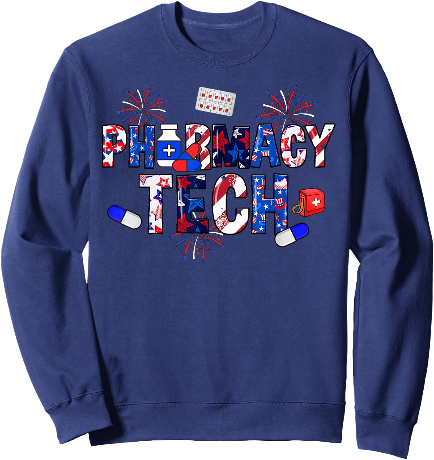 Pharmacy Tech Stethoscope USA Flag Patriotic 4th Of July Men Sweatshirt - Sweatshirt | Navy