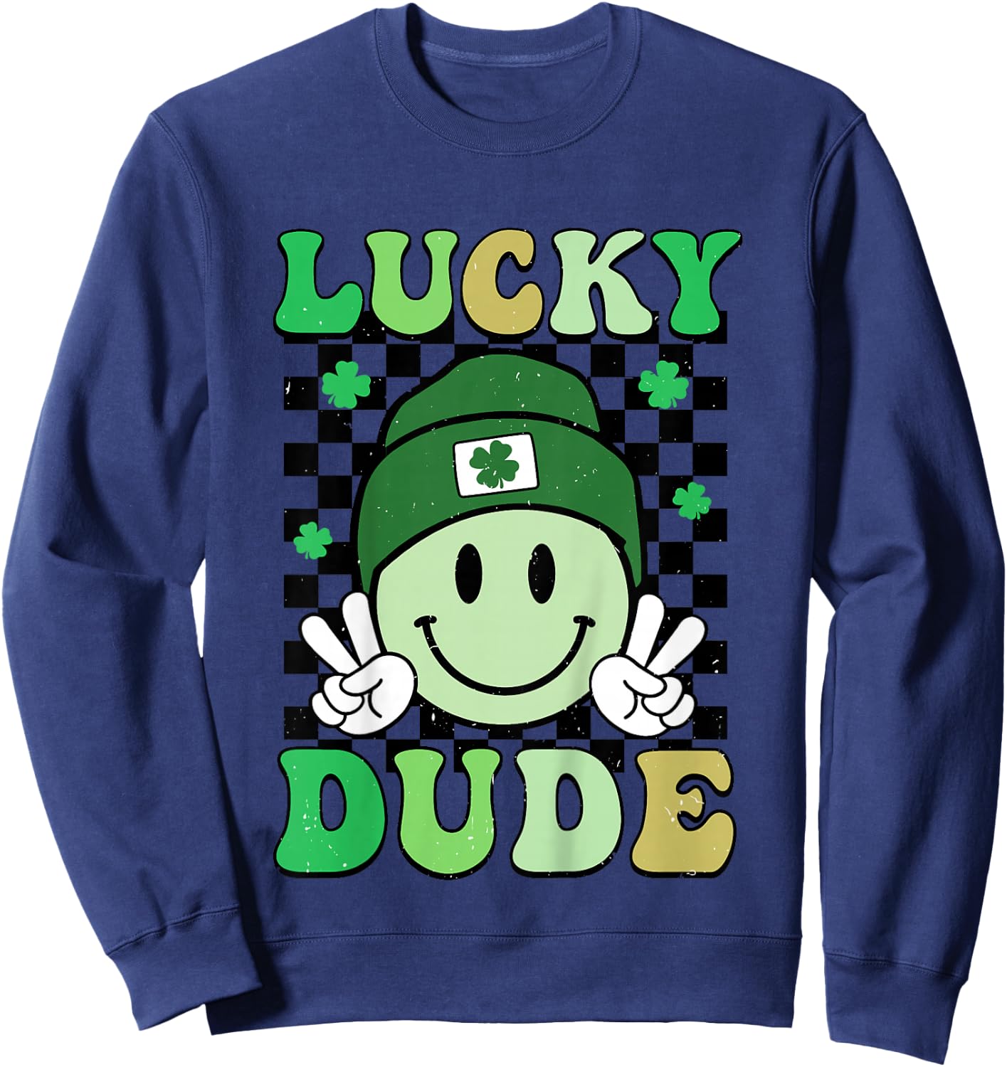 Kids Groovy Lucky Dude Shamrock Smile Boys Kids St. Patrick's Day Sweatshirt - Sweatshirt | Navy