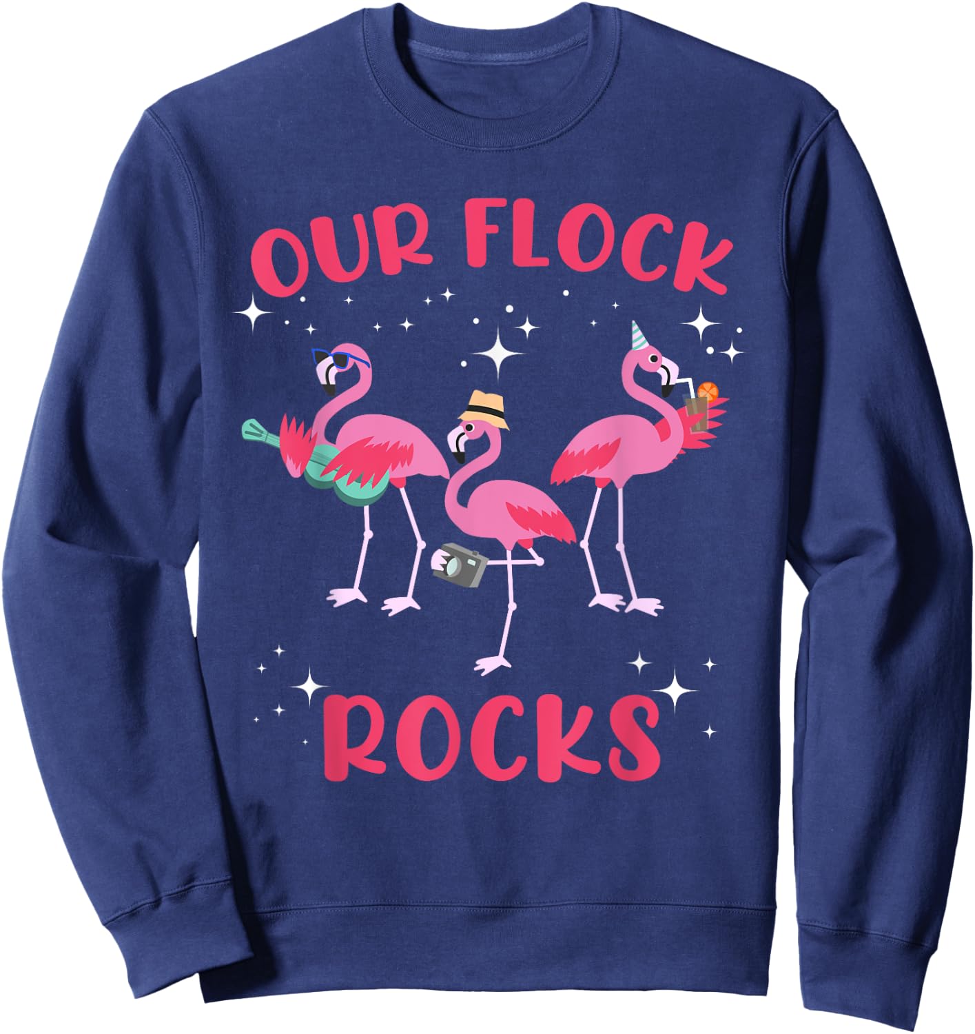 Our Flock Rocks Flamingo Matching Family Vacation Group Sweatshirt - Sweatshirt | Navy