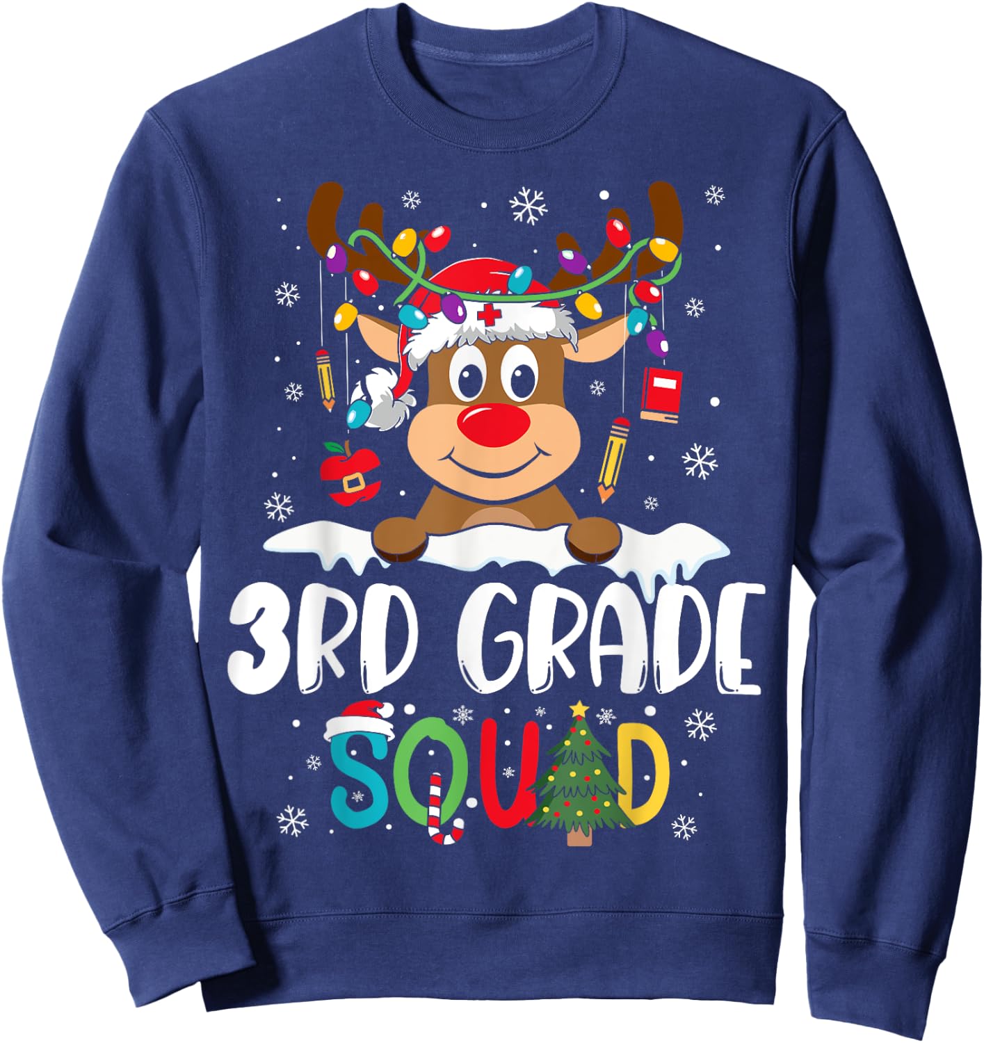 3rd Grade Teacher Squad Funny Reindeer Teacher Christmas Sweatshirt - Sweatshirt | Navy