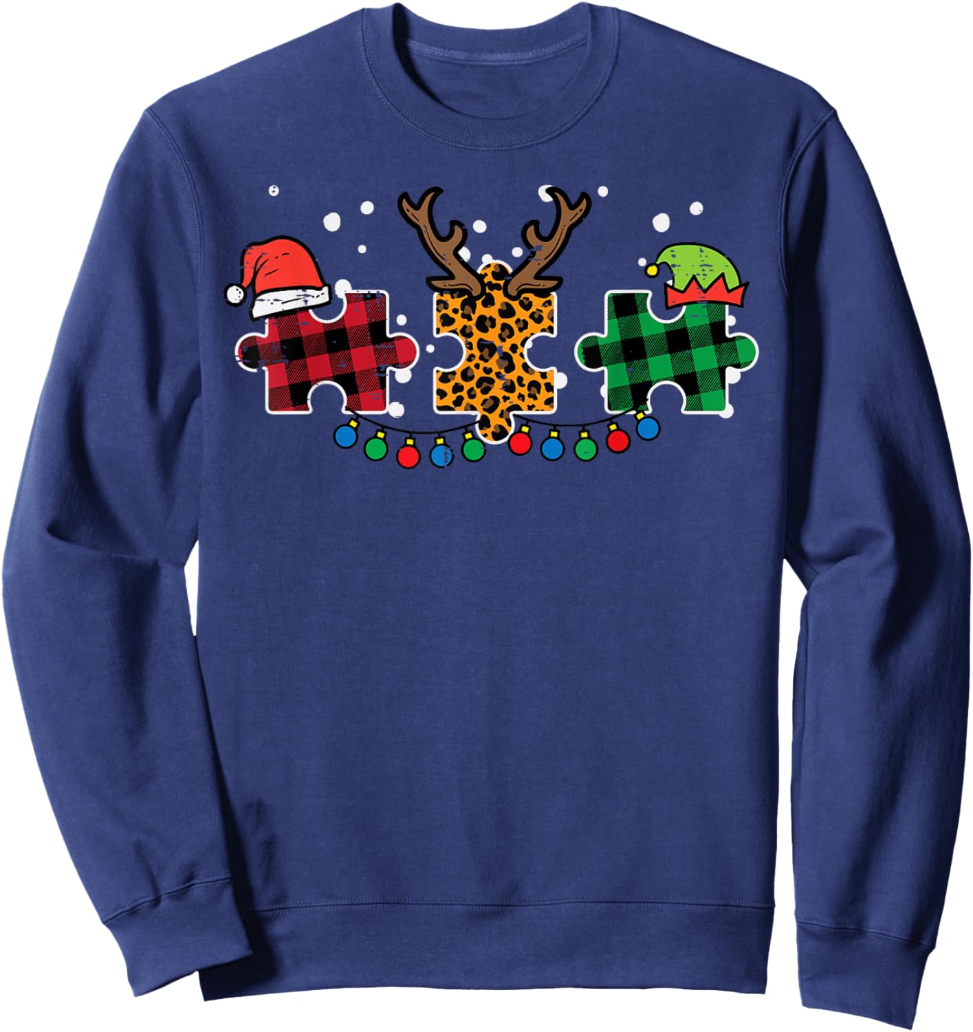 Christmas Leopard Plaid Puzzle Autism Xmas Men Women Kids Sweatshirt - Sweatshirt | Navy
