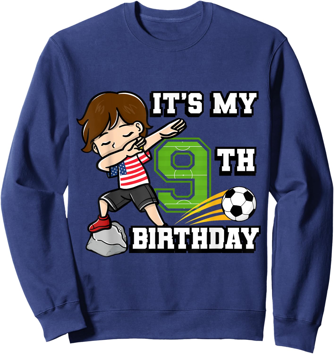 Soccer Boy It's My 9th Birthday American Flag Sweatshirt - Sweatshirt | Navy