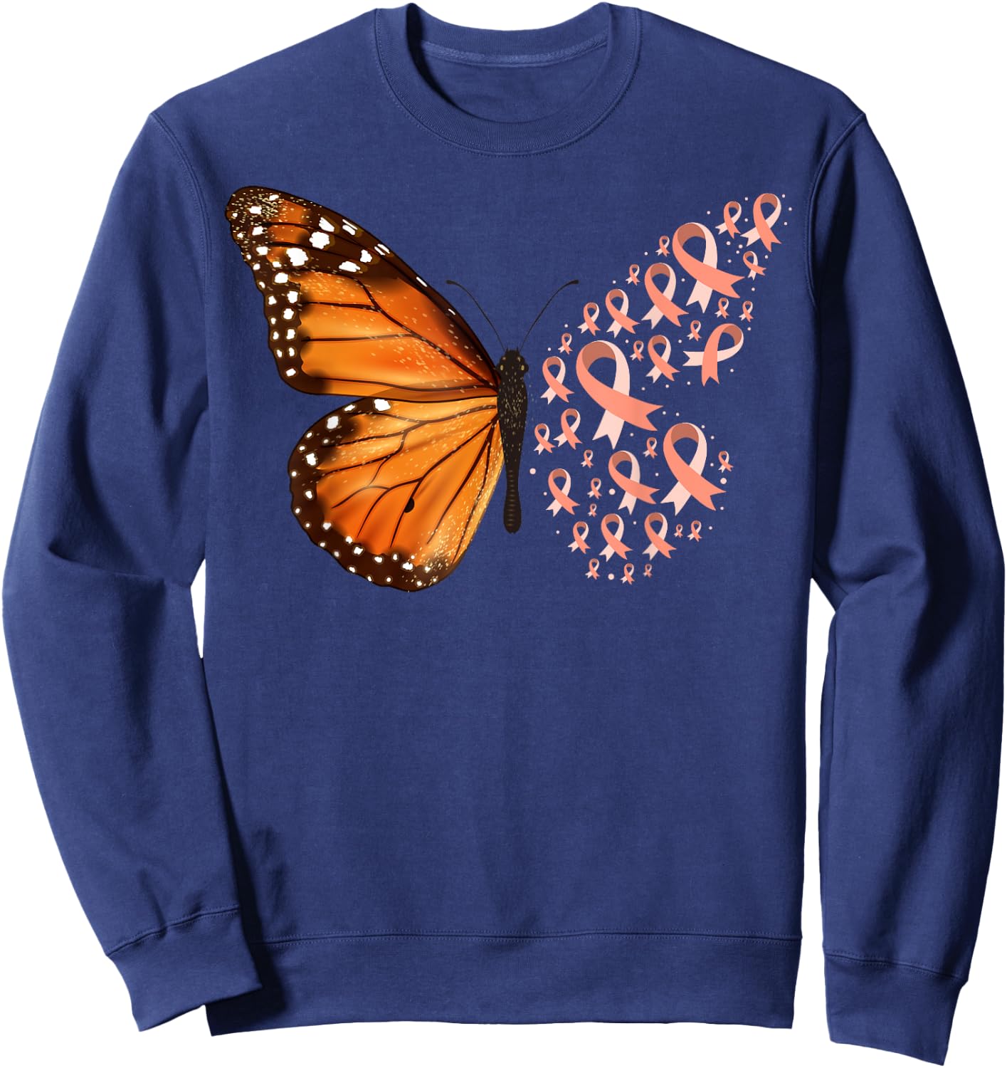 Endometrial Cancer Awareness Butterfly Peach Ribbon Month Sweatshirt - Sweatshirt | Navy